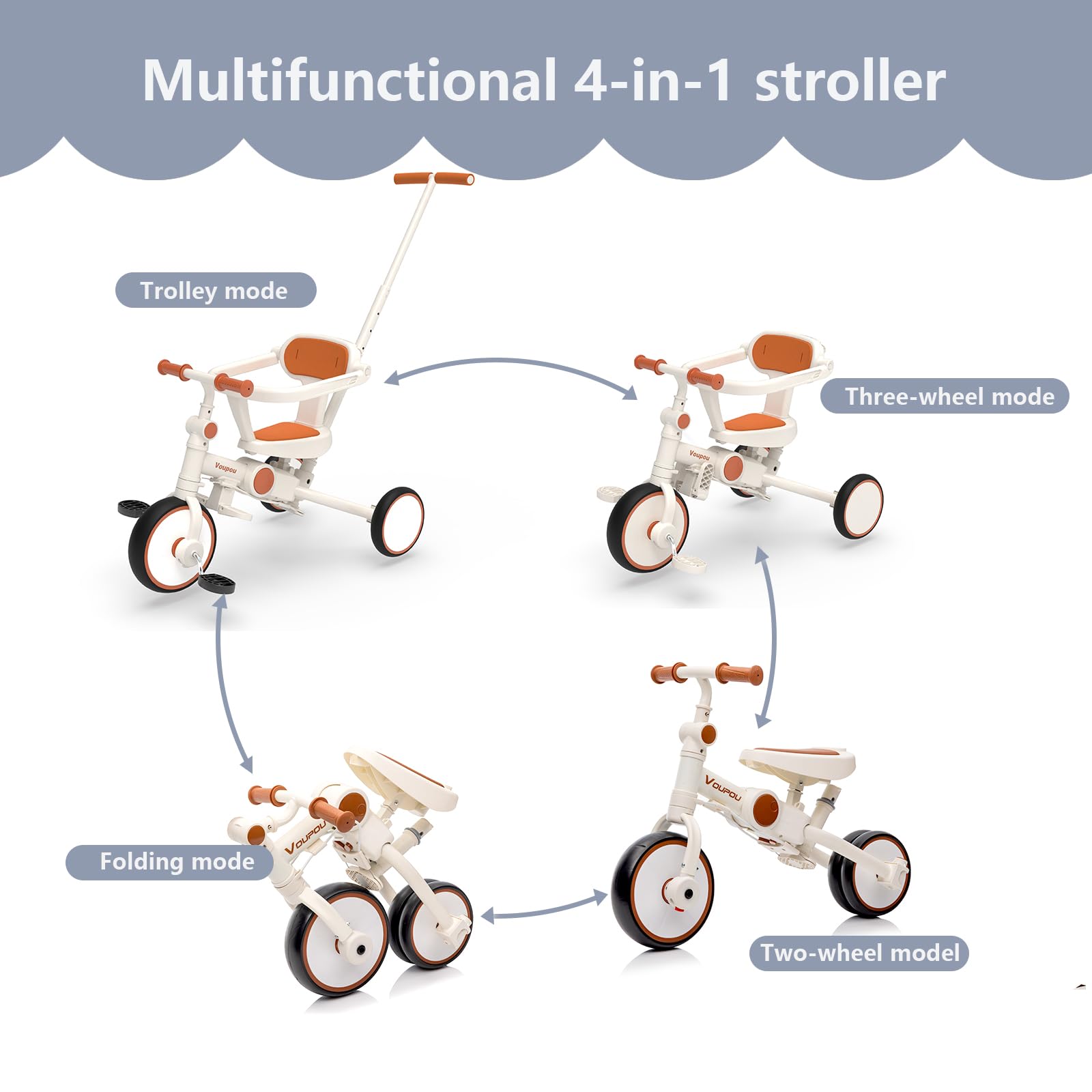6 in 1 Adjustable Kids Tricycle for Toddlers 1-5 Years - Baby Balance Bike with Removable Pedals, Safety Harness & Retractable Canopy - White Trike for Outdoor Play, Park Rides & Learning to Cycle