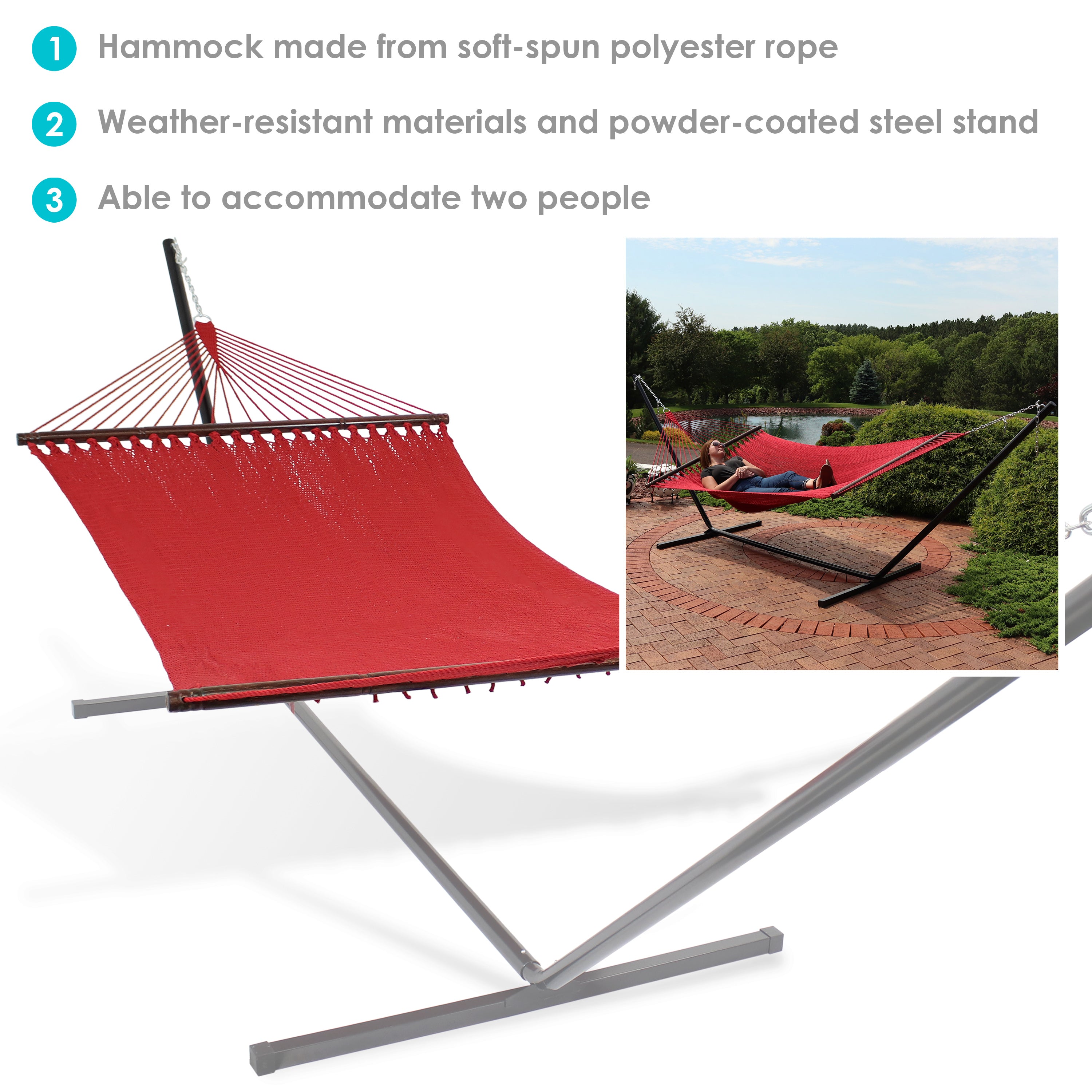 Sunnydaze 2-Person Soft Spun Polyester Rope Hammock with Stand - Portable Outdoor Hanging Bed for Patio, Backyard, Beach & Camping Relaxation