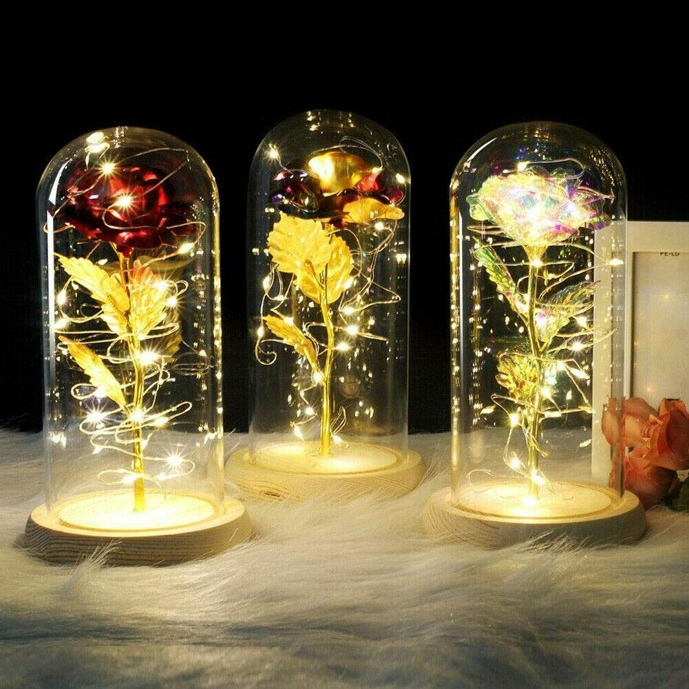 LED Rose Flower in Glass Dome - Artificial & Dried Flower for Valentine's Day, Christmas Decor, Romantic Home Lighting (Gold) | Perfect for Bedroom, Wedding Centerpiece, Gift Idea