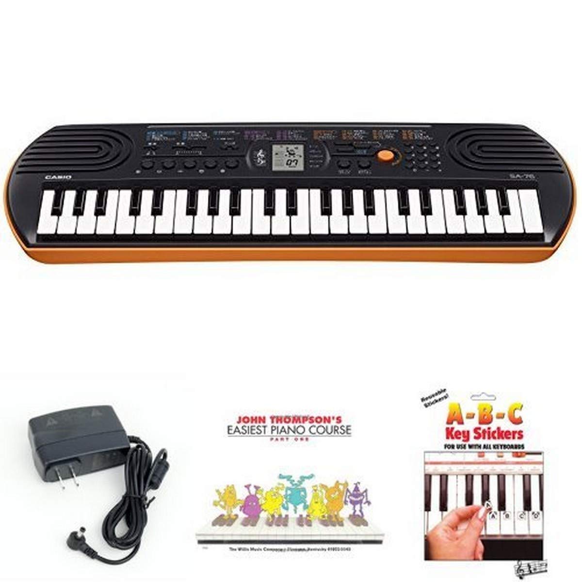 Casio SA76 44-Key Portable Keyboard with 100 Tones, Power Supply, John Thompson's Piano Course & Stickers - Perfect for Beginners, Home Practice & Music Education