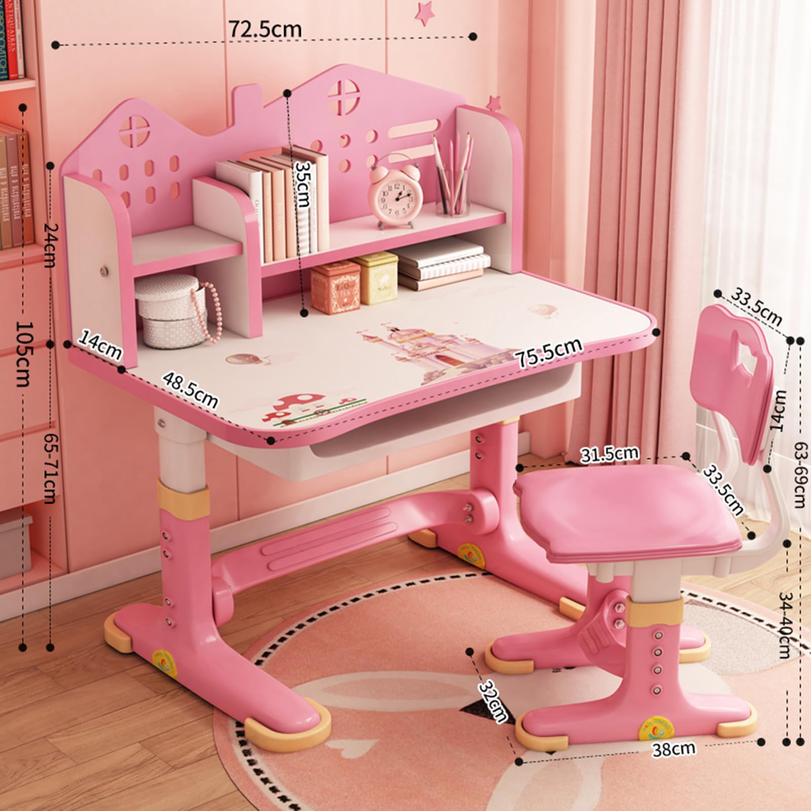 **Pink Adjustable Kids Learning Desk and Chair Set with Drawers, Bookshelf & Wide Desktop - Cartoon Castle Design for Reading, Writing & Studying - Perfect for Girls' Bedroom or Playroom**