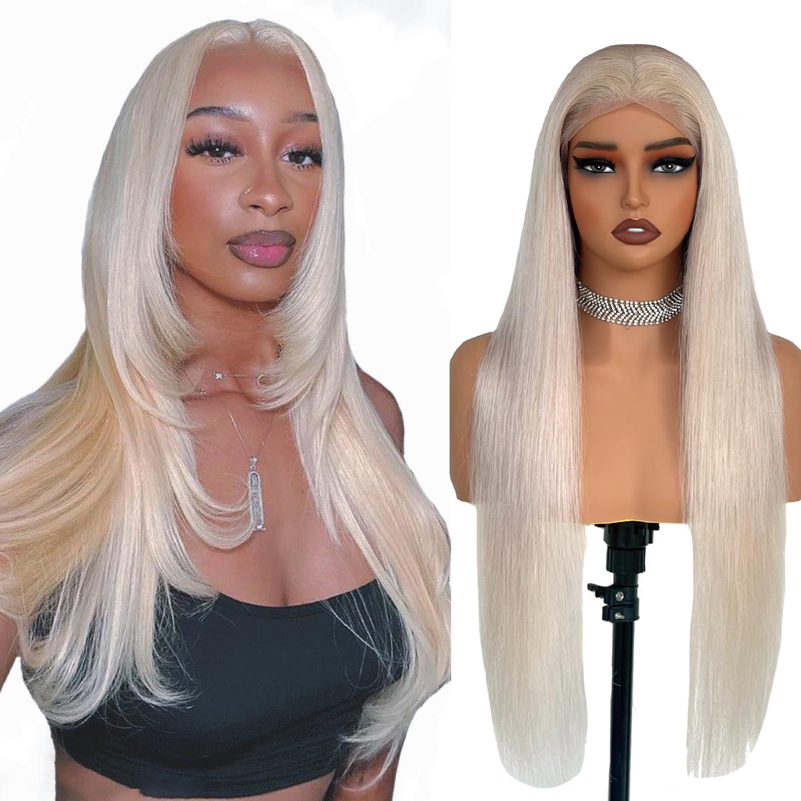 Platinum Blonde Lace Front Wig Human Hair #60 Straight HD Lace Frontal Wigs - Preplucked with Baby Hair 180% Density Brazilian Remy Human Hair for Women 26 Inch - Perfect for Cosplay, Daily Wear & Special Occasions