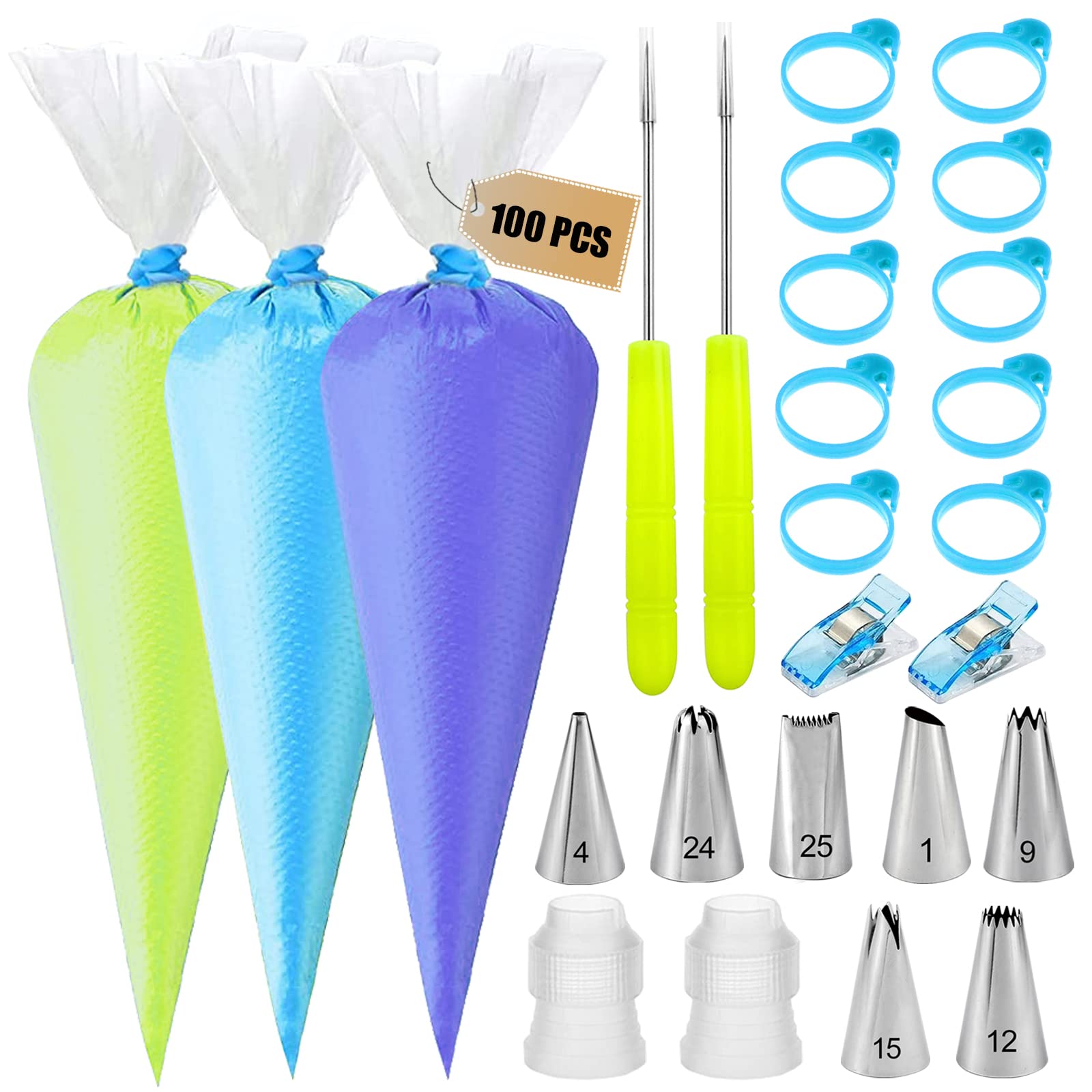 **100-Pack 12-Inch Disposable Piping Bags with 7 Frosting Tips - Professional Cake Decorating Kit for Royal Icing, Cookies, Cupcakes & More - Includes 10 Icing Bag Ties & 2 Scriber Needles**