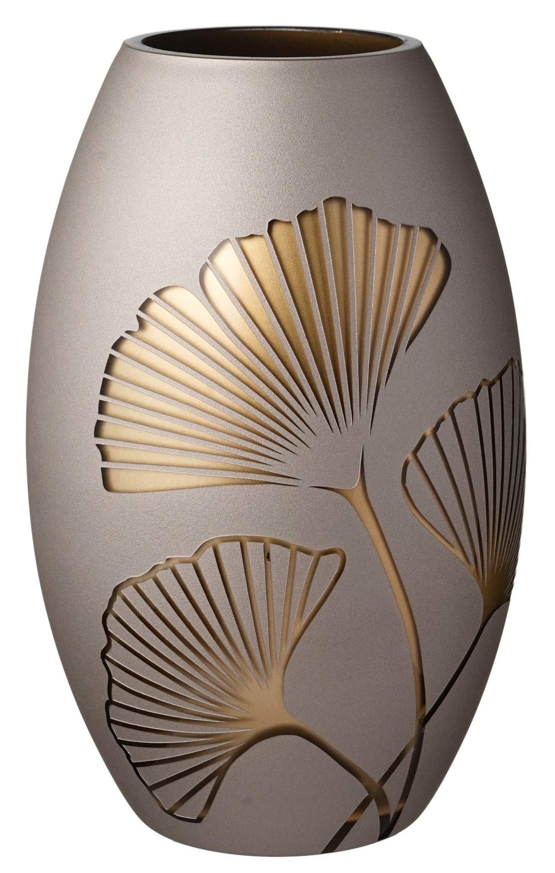 Golden Glass Vase with Etched Gold Ginkgo Leaves - Handcrafted Mouth-Blown Thick Glass Vase for Wedding Centerpiece, Home Decor, Anniversary Gift - Elegant 9.1 Inch (23 cm) Vase in Luxury Gift Box - Perfect for Dining Table, Living Room & Special Occasions