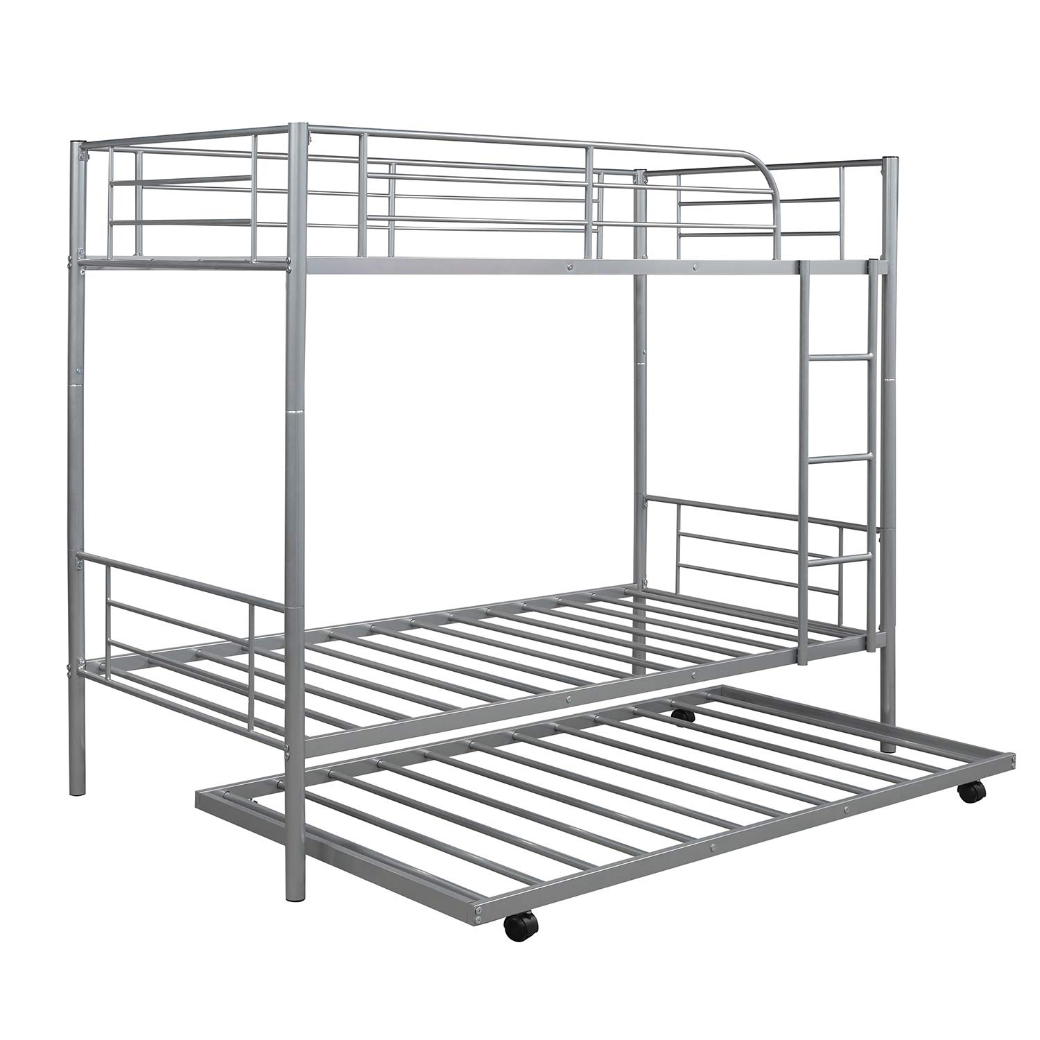 Harper & Bright Designs Twin Over Twin Metal Bunk Bed with Trundle, Ladder & Safety Rail - Space-Saving Kids Bedroom Furniture for Sleepovers & Small Rooms (Silver, Twin/Twin)