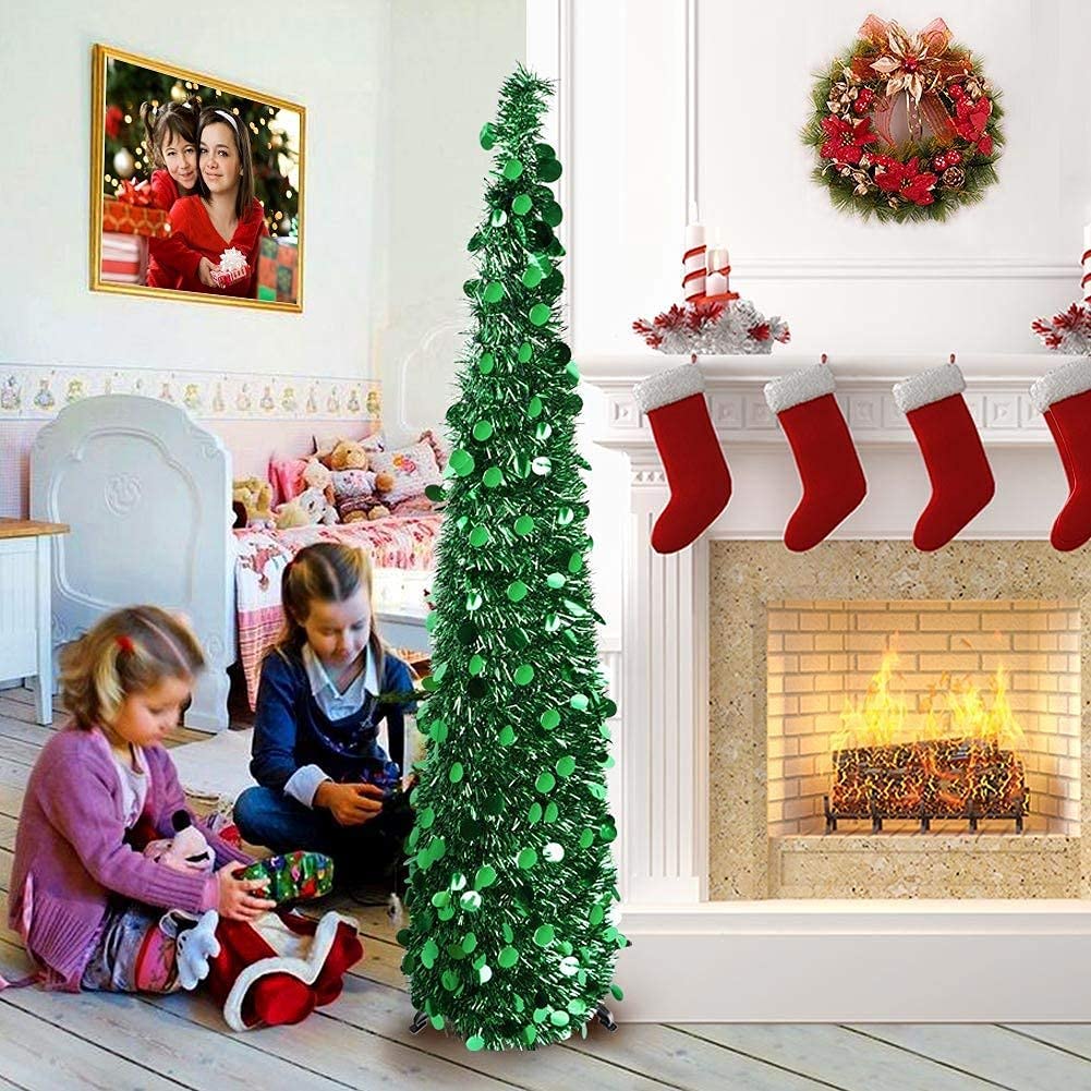 5Ft Pop Up Christmas Tinsel Tree with Stand - Collapsible Artificial Holiday Tree for Xmas Decor (Green) | Perfect for Home, Office, Party & Festive Decorations
