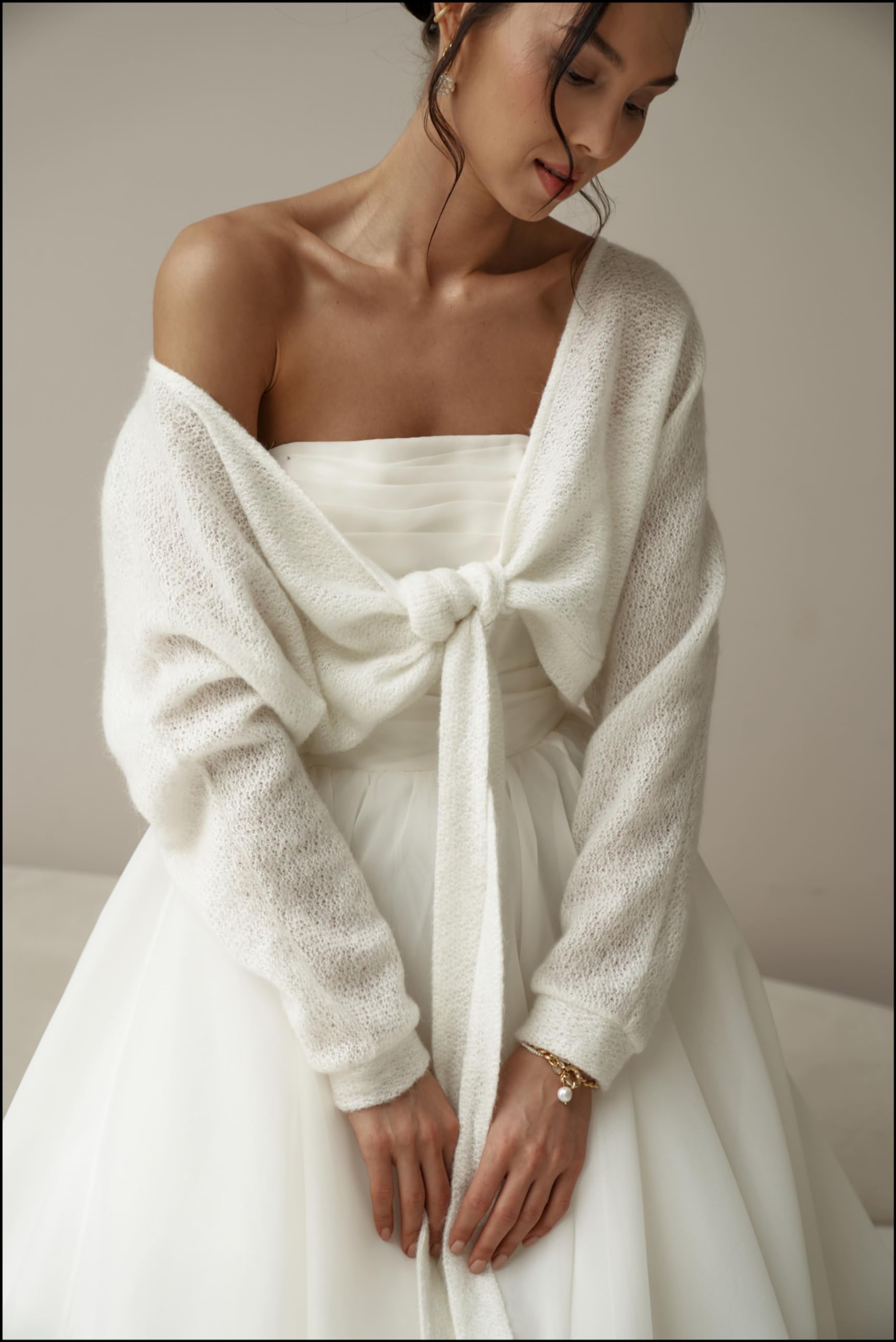 Elegant Ivory Bridal Cardigan with Ties - Cozy Wedding Dress Wrap Sweater for Bride, Chic Knitwear for Bridal Party, Engagement & Outdoor Ceremony (Size S)