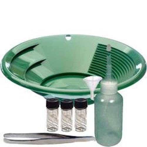 10 Inch Gold Pan Kit with Sniffer Bottle, Glass Vials, Funnel & Tweezer - Complete Prospecting Set for Gold Panning, Mining & Outdoor Adventures