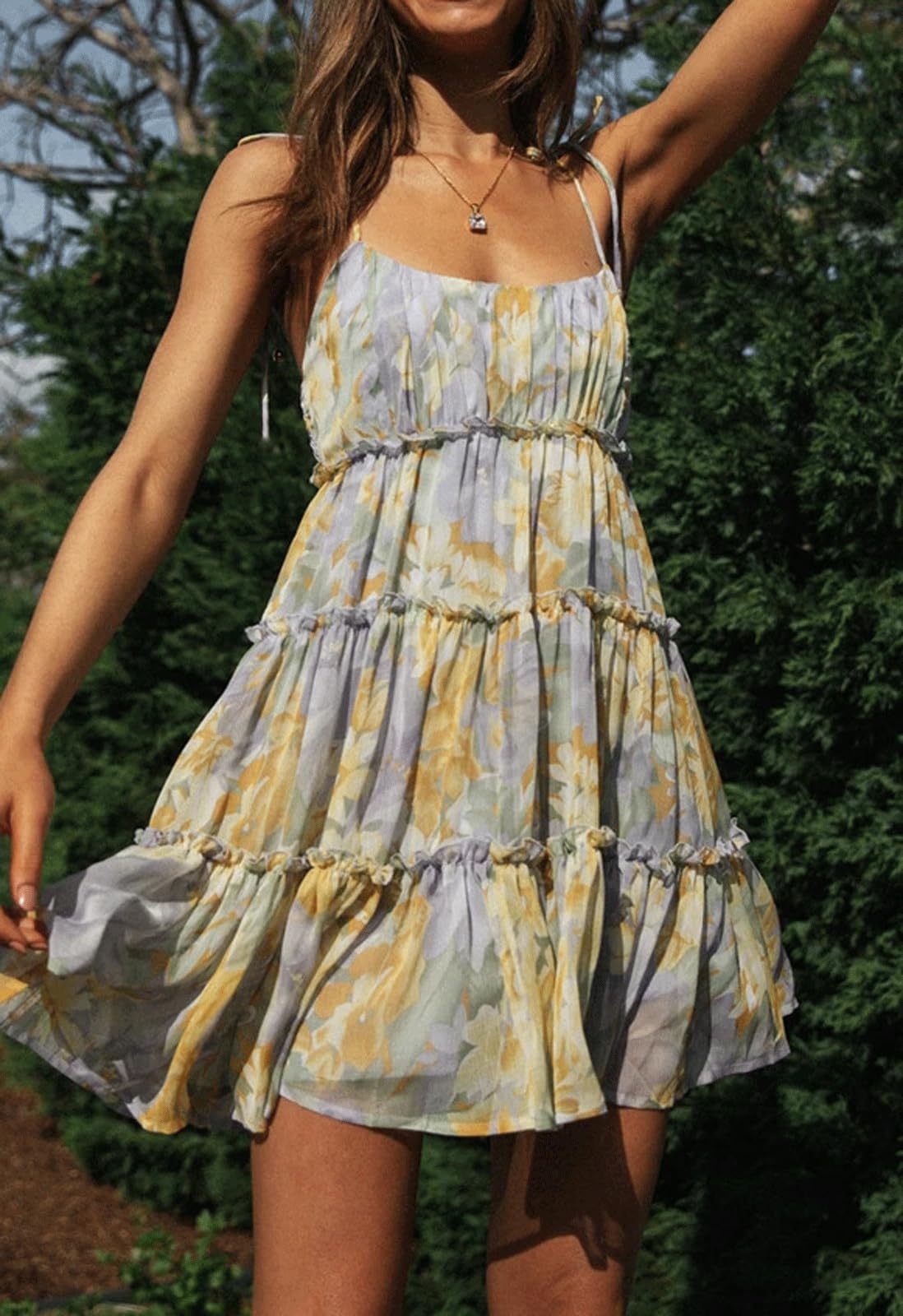 CHARTOU Women's Floral Print Square Neck Spaghetti Strap Mini Dress - Sleeveless Backless Summer Ruffle Dress for Beach, Party & Date Night