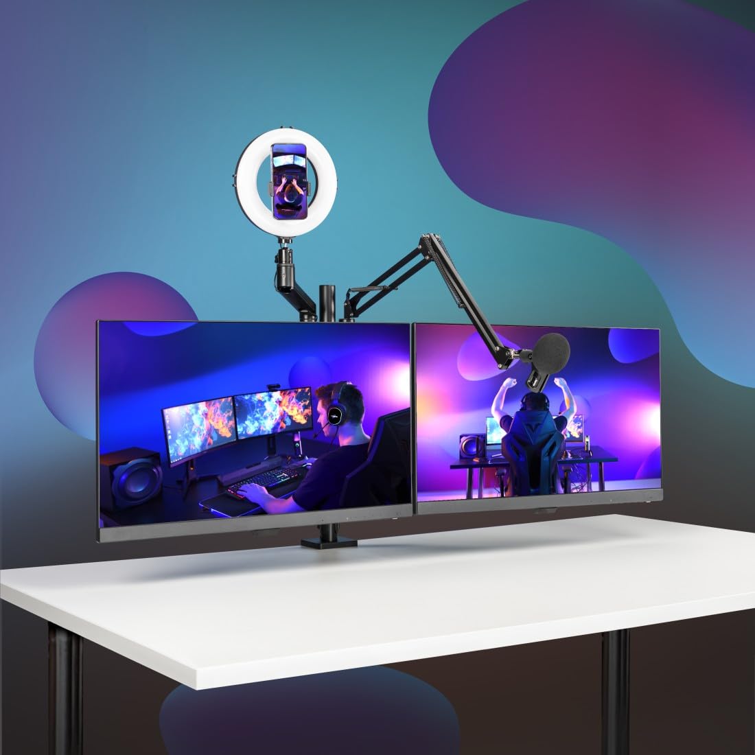 Hama Dual Monitor Mount Stand - 4 Arm Adjustable Swivel Tilt Desk Mount with Microphone Boom & Tripod Base for Streaming Setup, PC Monitors, Camera, Ring Light, Phone (Black) - Perfect for Home Office, Gaming & Live Streaming