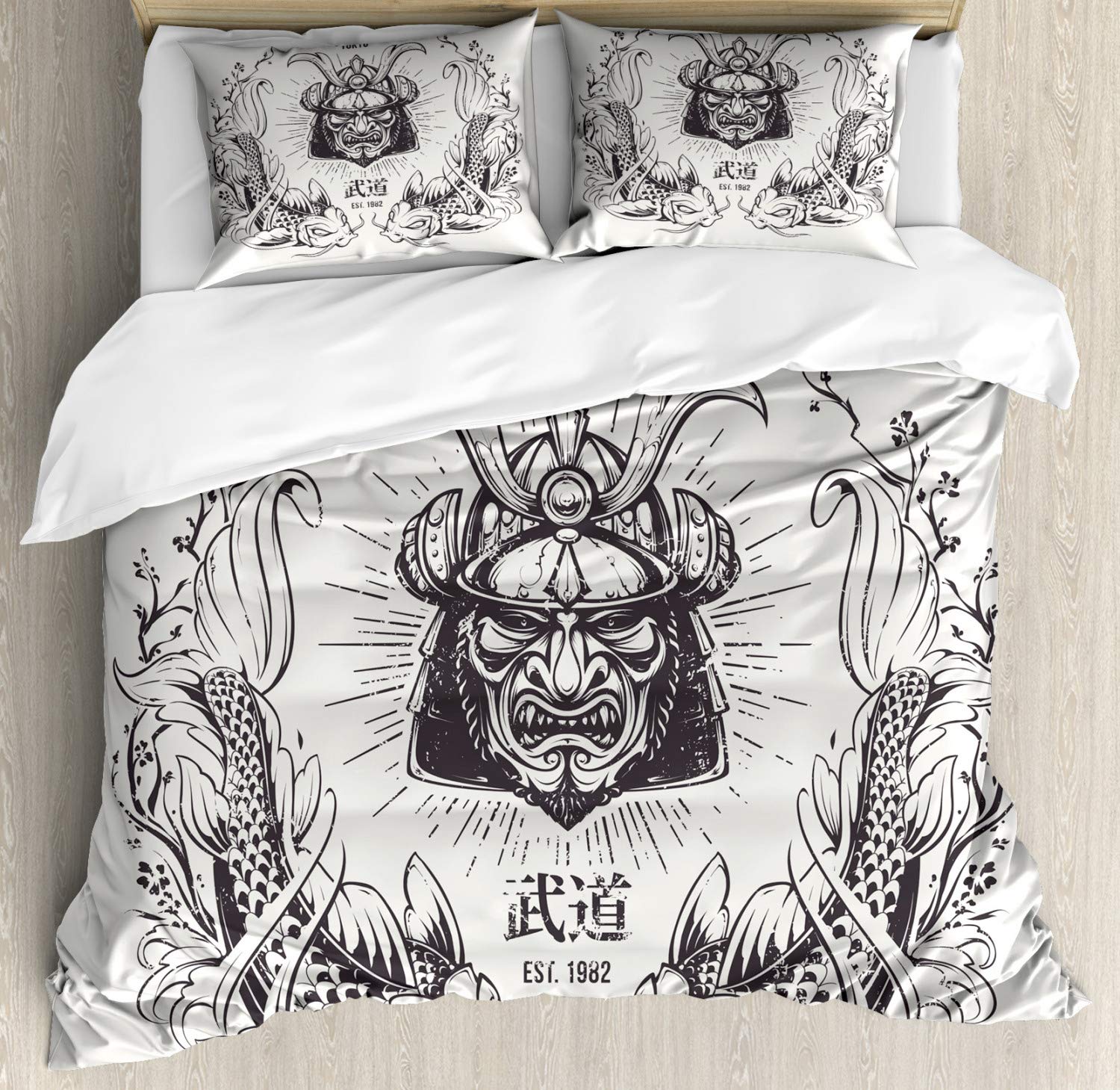 Ambesonne Japanese Samurai Koi Fish Duvet Cover Set - Traditional Asian Inspired 3 Piece Bedding with 2 Pillow Shams, Queen Size in Coconut Grey - Perfect for Zen Bedrooms, Martial Arts Themed Decor & Tokyo Style Home Interiors