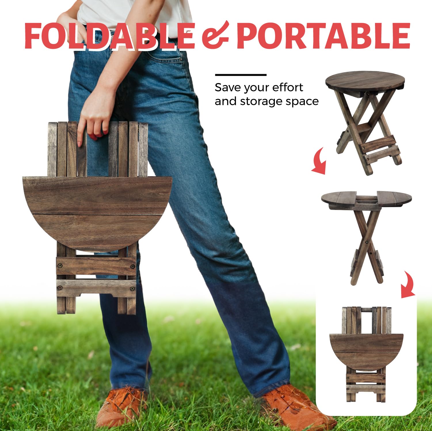 Small Patio Table - Outdoor Folding Side Table with Wood Table Top - Portable Accent Table for Living Room, Bedroom, Balcony & Garden - Round Walnut Coffee End Table (Set of 1) - Perfect for Outdoor Entertaining, Reading Nook & Small Space Decor