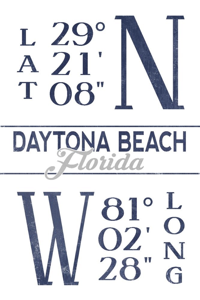 Florida Daytona Beach Latitude Longitude Blue 24x36 Signed Art Print - Coastal Wall Decor for Beach House, Office & Living Room