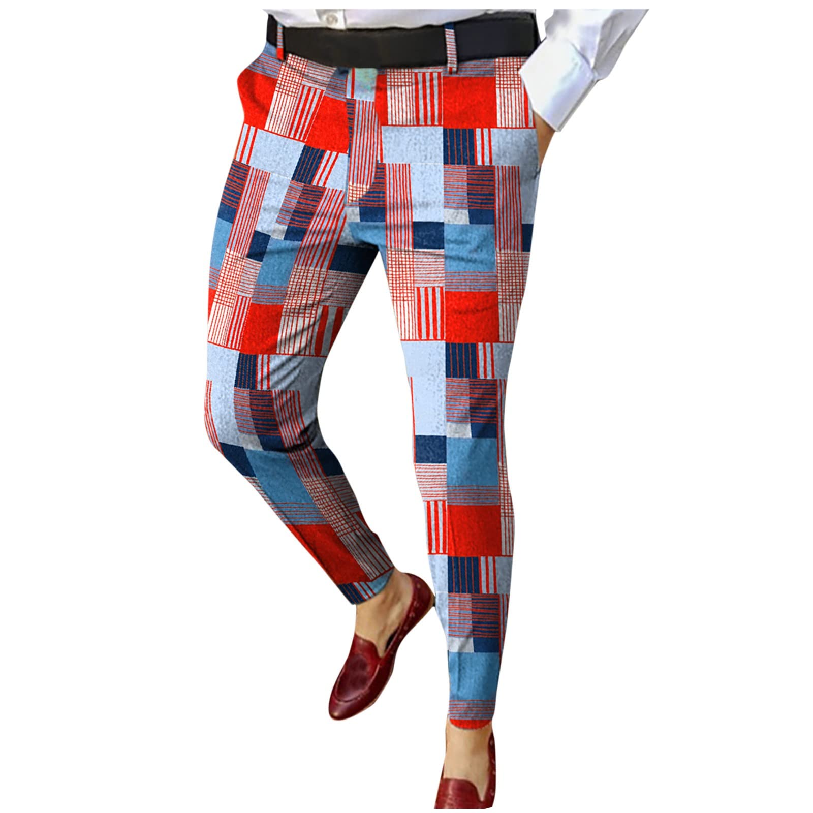 Men's Casual Plaid Print Skinny Pencil Pants with Zipper & Elastic Waist - Comfortable Stretch Trousers for Work, Travel & Everyday Wear