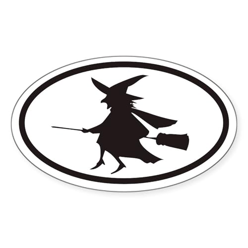 White - Flying Witch On A Broom Euro Oval Sticker