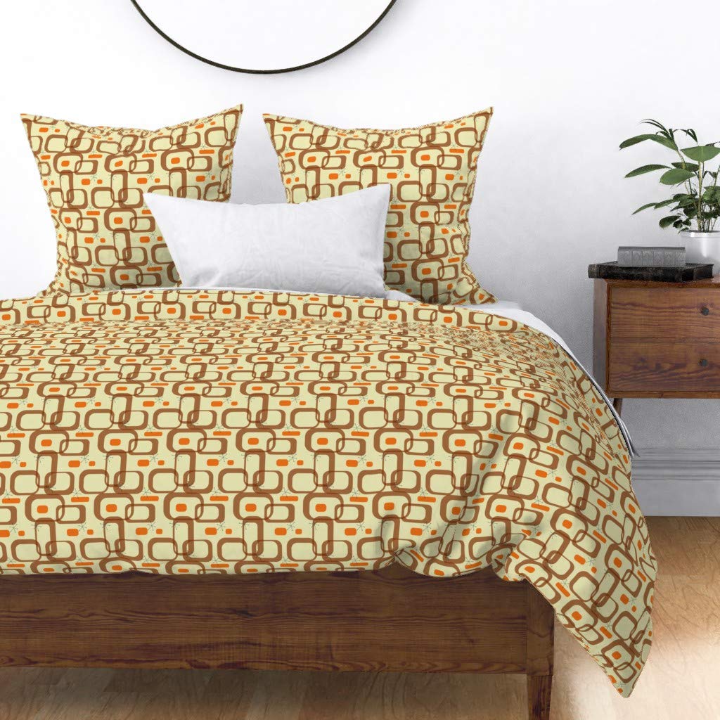 Custom Orange Mid Century Modern Geometric Atomic Squares Retro Vintage Print Cotton Sateen Duvet Cover - King/California King Size | Soft Luxury Bedding for Vintage & Boho Home Decor