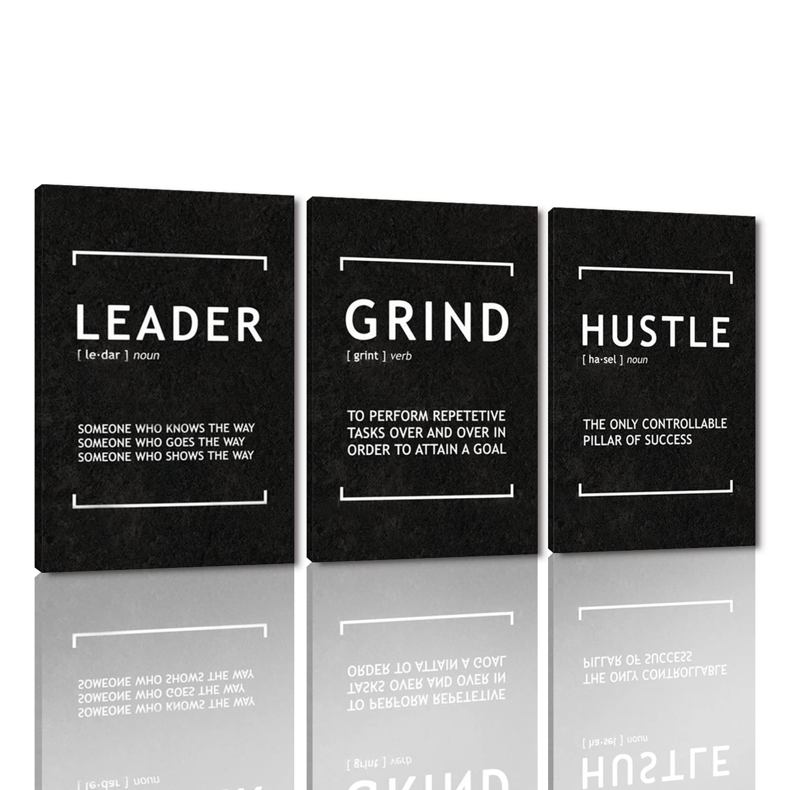 Motivational Canvas Wall Art Set - 3 Piece Black & White Leader Grind Hustle Posters for Office & Home Decor - Framed Ready to Hang (48x24 Inches) - Perfect for Living Room, Home Office & Workspace Inspiration