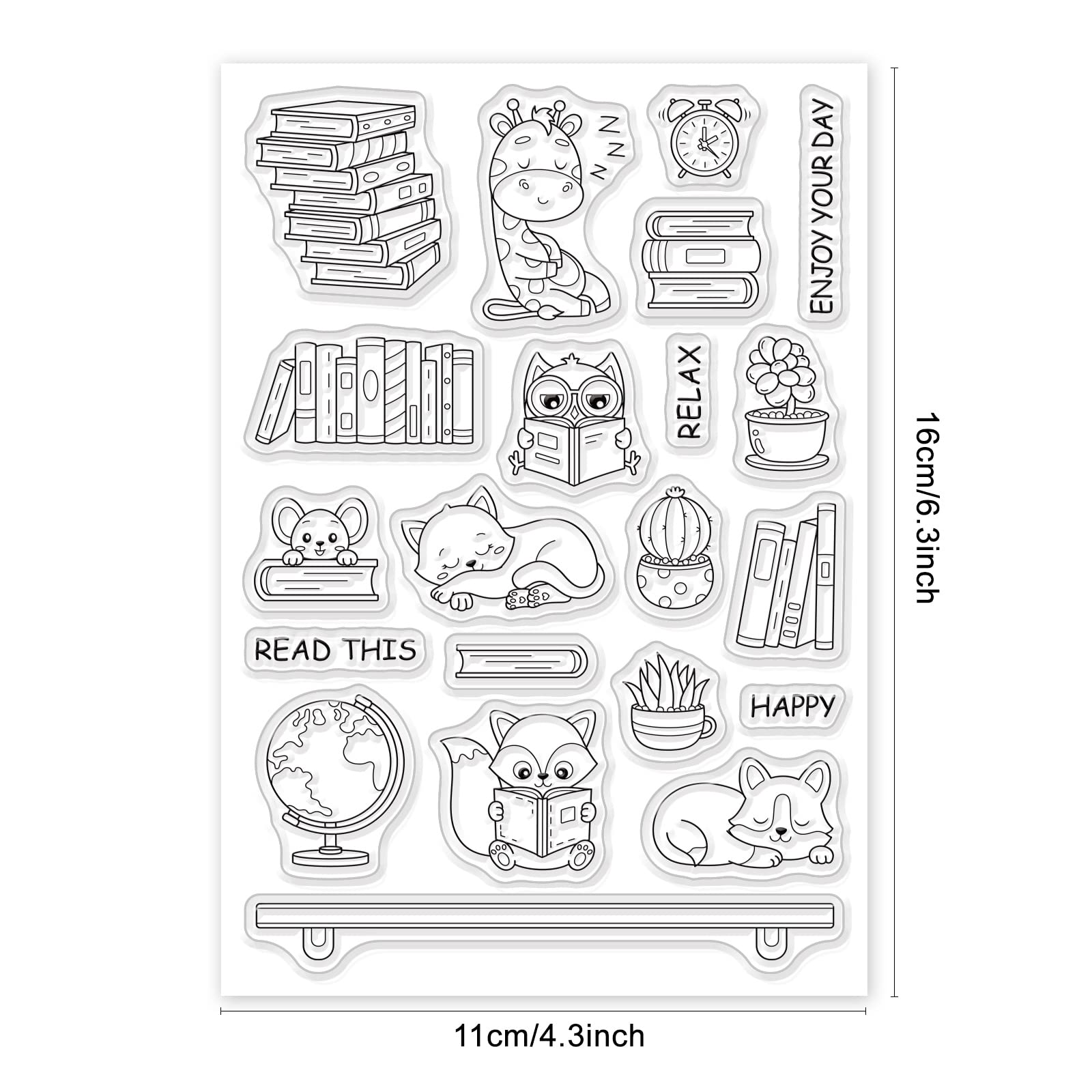 PH PandaHall Animal Study Pattern Clear Stamps - Giraffe, Cat, Fox, Mouse, Books, Globe & Clock Transparent Rubber Stamps for Scrapbooking, Card Making, Photo Albums & DIY Crafting - Perfect for Classroom Projects, Memory Books & Handmade Greeting Cards