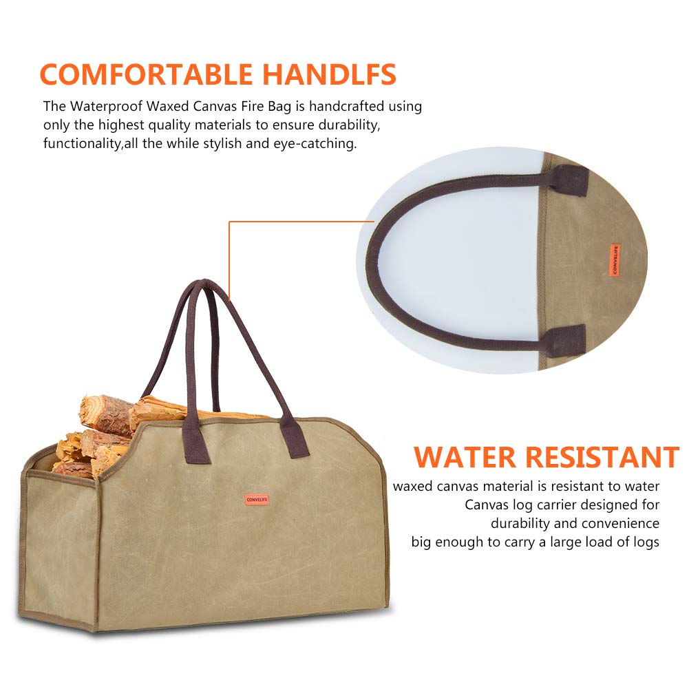 Heavy Duty Waxed Canvas Firewood Log Carrier Tote Bag - Large Wood Carrying Bag for Fireplace, Camping, Wood Stove & Cabin - Indoor/Outdoor Use with Reinforced Handles & Stain Resistant Finish - Perfect for Firewood Storage, Camping Trips & Cozy Cabin Nights