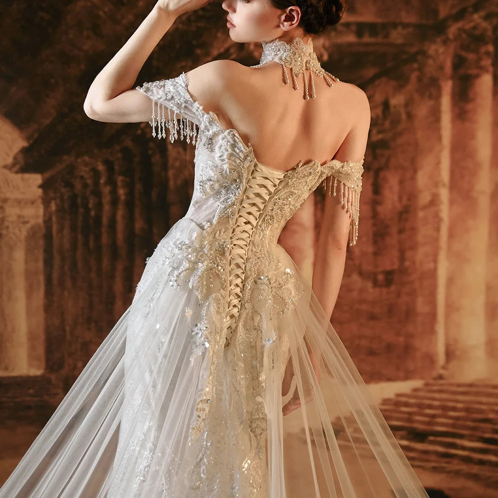 Elegant Mermaid Wedding Dress with Cap Sleeves, Tassel Beading & Lace-Up Back – Perfect for Beach Weddings, Vow Renewals, and Romantic Photoshoots