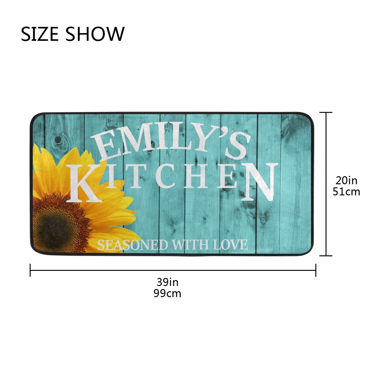 Emelivor Custom Kitchen Rug - Washable Non-Slip Anti-Fatigue Floor Mat with Teal Sunflower Design, Personalized Home Decor for Kitchen, Dining Room & Entryway - Perfect Gift for Housewarming & Holidays