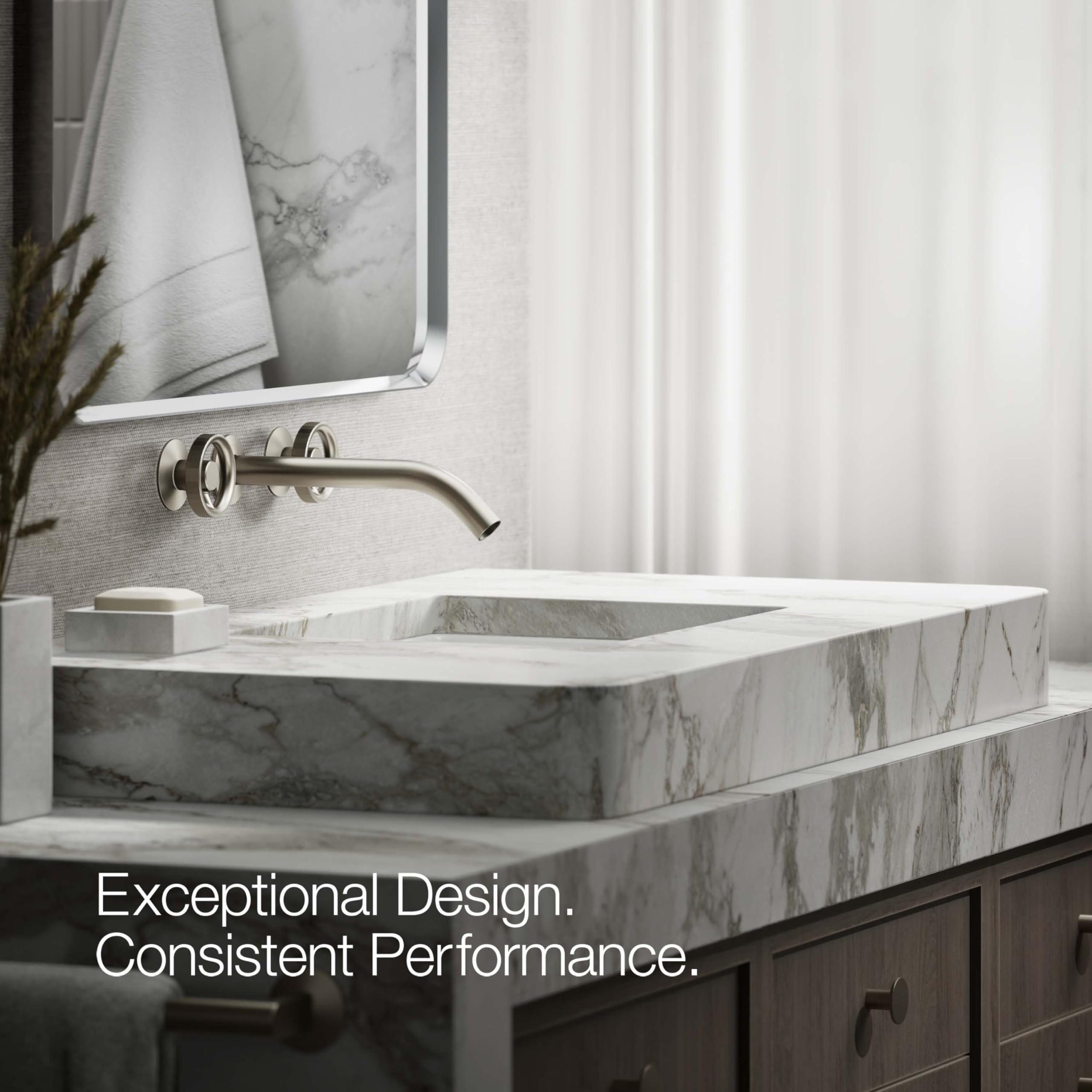 KOHLER Wall-Mount Bathroom Sink Faucet with Industrial Handles - Modern Waterfall Spout for Powder Room, Guest Bath & Small Space Installation
