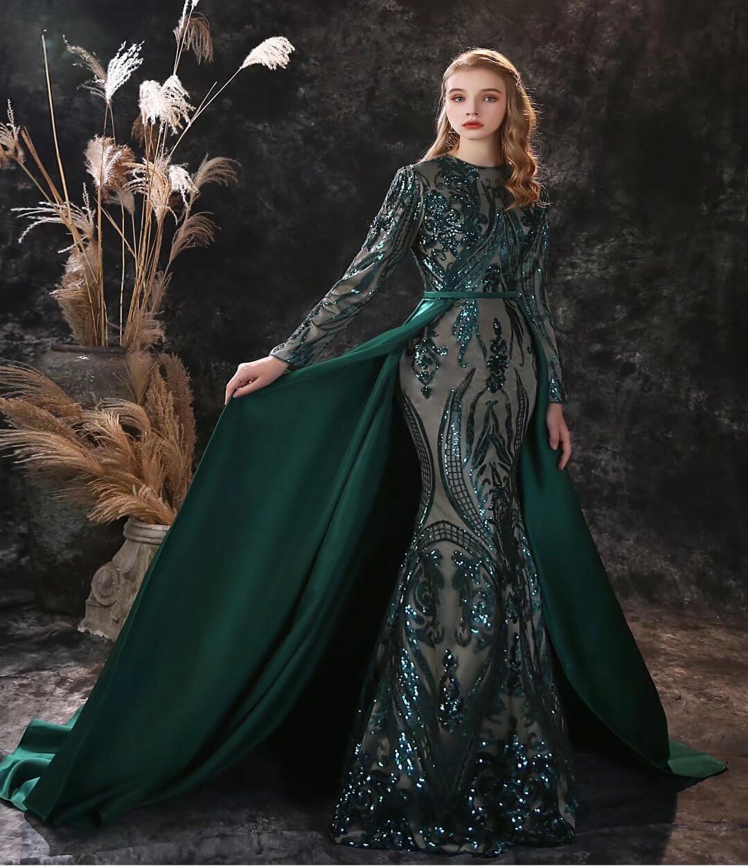 FTBY Green Sequin Evening Dress - Elegant Prom Gown with Detachable Mermaid Skirt for Women | Perfect for Homecoming, Cocktail Parties & Formal Events