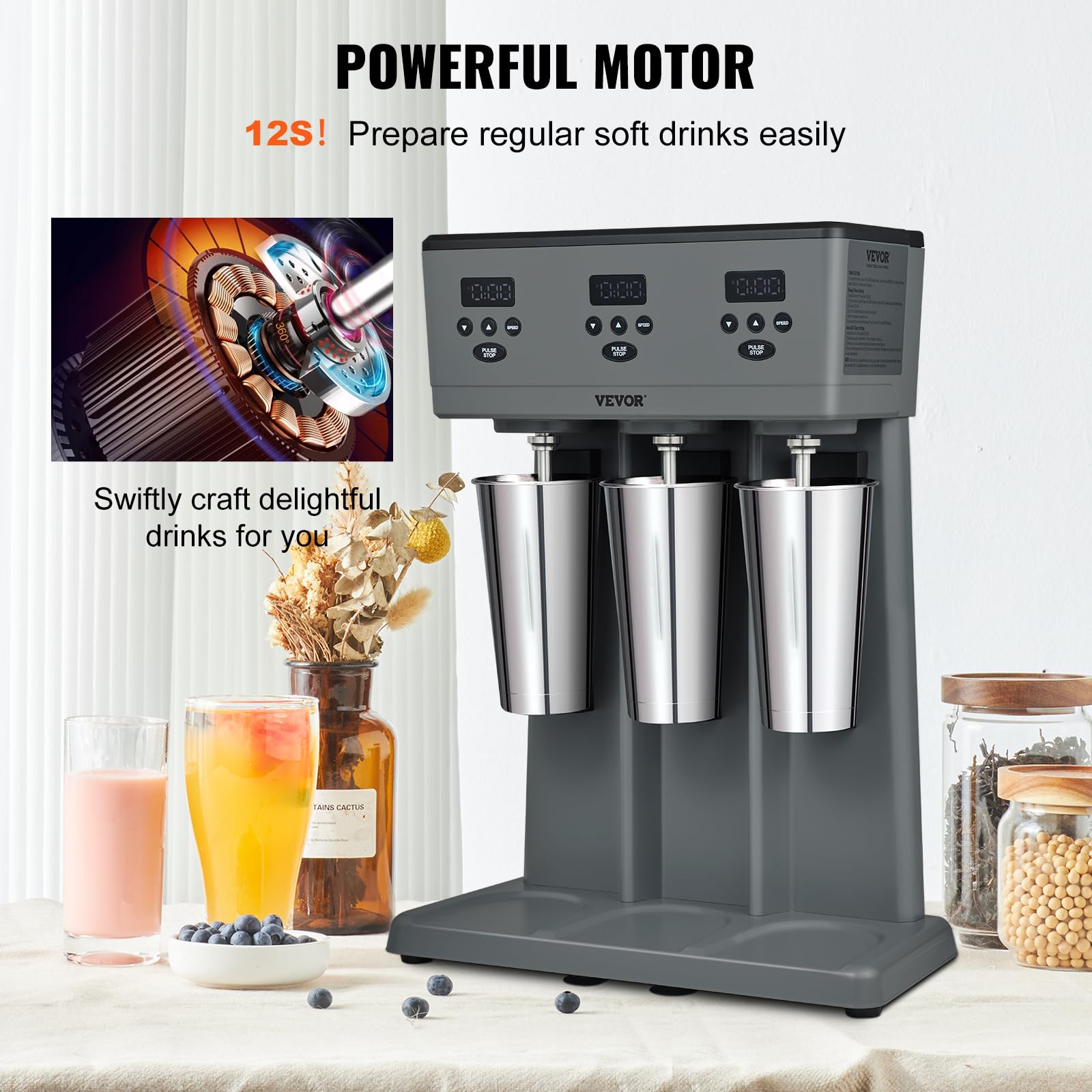 VEVOR Commercial Triple Head Milkshake Maker - 375W Electric Drink Mixer Blender with 3 Speeds, LED Display & Microswitch, Includes 3 x 820ml Stainless Steel Cups - Perfect for Restaurants, Cafes, Ice Cream Shops & Smoothie Bars