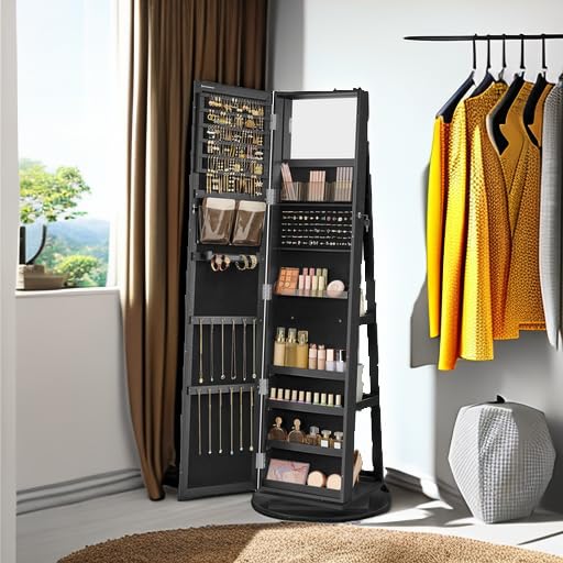 SONGMICS 360° Swivel Jewelry Cabinet with Full-Length Mirror - Lockable Jewelry Organizer with Interior Mirror & Storage Shelves - Jewelry Armoire for Bedroom, Closet or Dressing Room - Perfect Gift Idea (Black, UJJC006B01)
