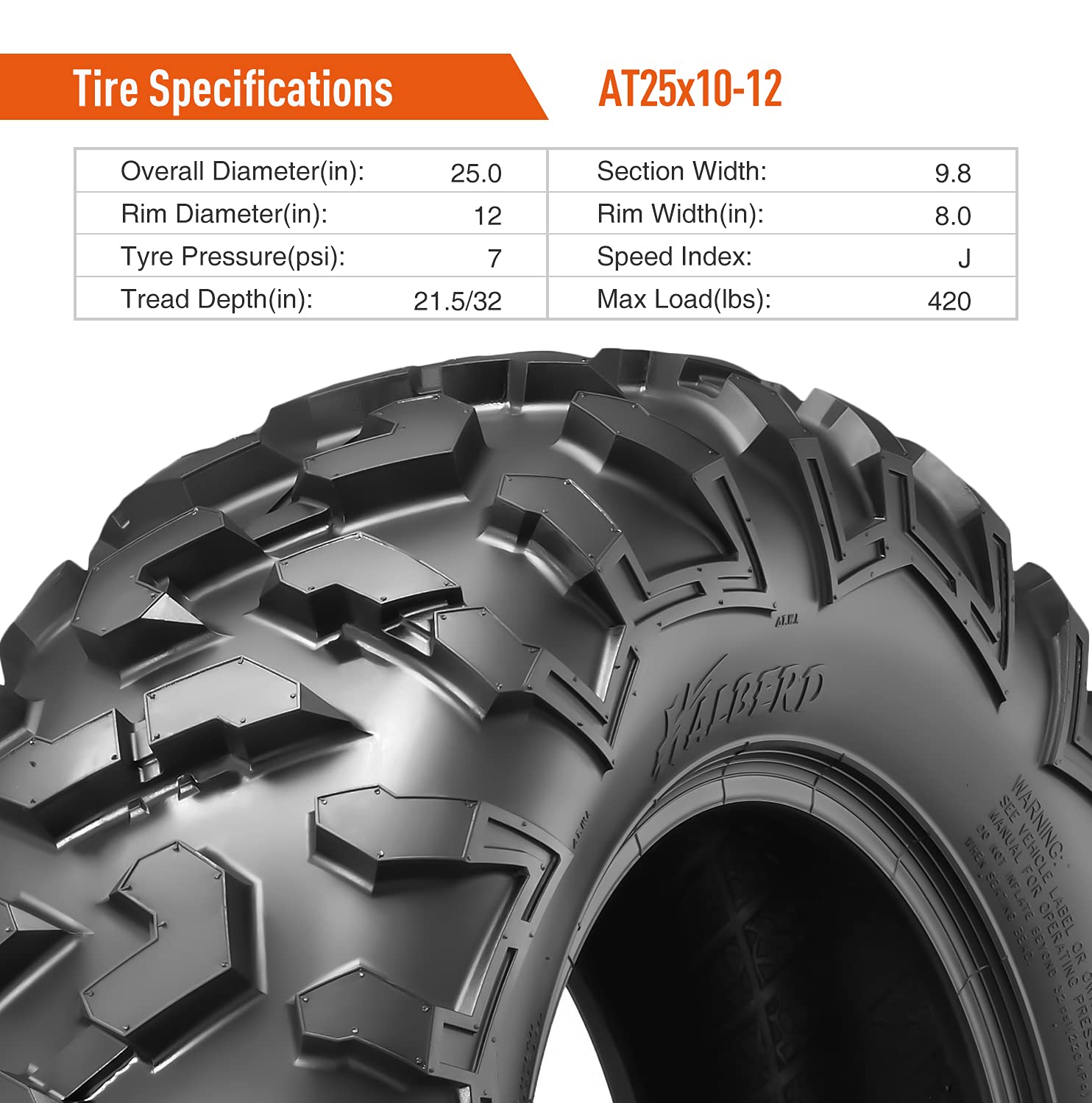 HALBERD 6PLY ATV Tires 25x10-12 - All Terrain Off-Road Tires for ATV/UTV - 6PR Tubeless with 17mm Tread Depth - Pack of 1 - Perfect for Trail, Sand & Mud Riding