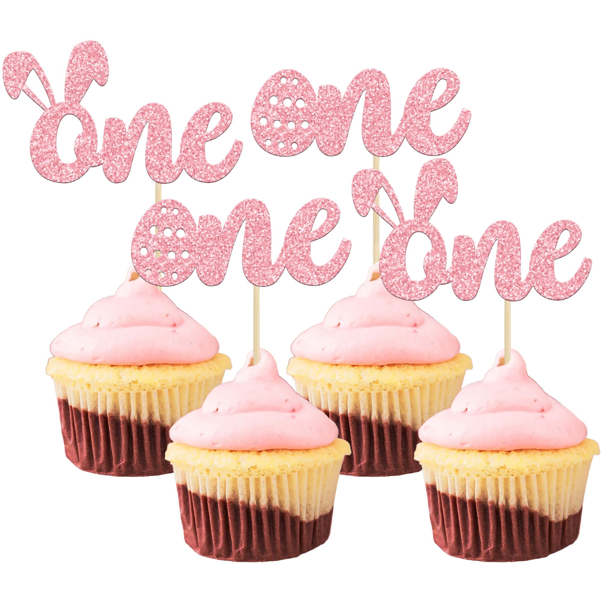 24 Pack Easter Cupcake Toppers - Pink Glitter Bunny Cake Decorations for 1st Birthday, Baby Shower & Spring Party | Happy Easter Theme Party Supplies (Some Bunny is One Toppers)