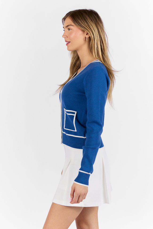 Stylish Navy and Ivory Contrast Trim Cardigan for Women - Perfect for Office Wear, Casual Outfits & Layering | On Sale Now