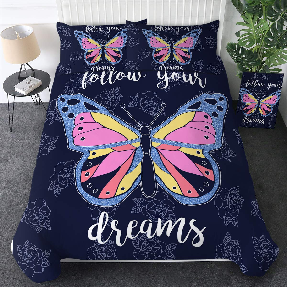 Sleepwish 3-Piece Butterfly Duvet Cover Set - Blue & Red Floral Design, Queen Size Bedding for Girls' Room & Bohemian Bedroom Decor