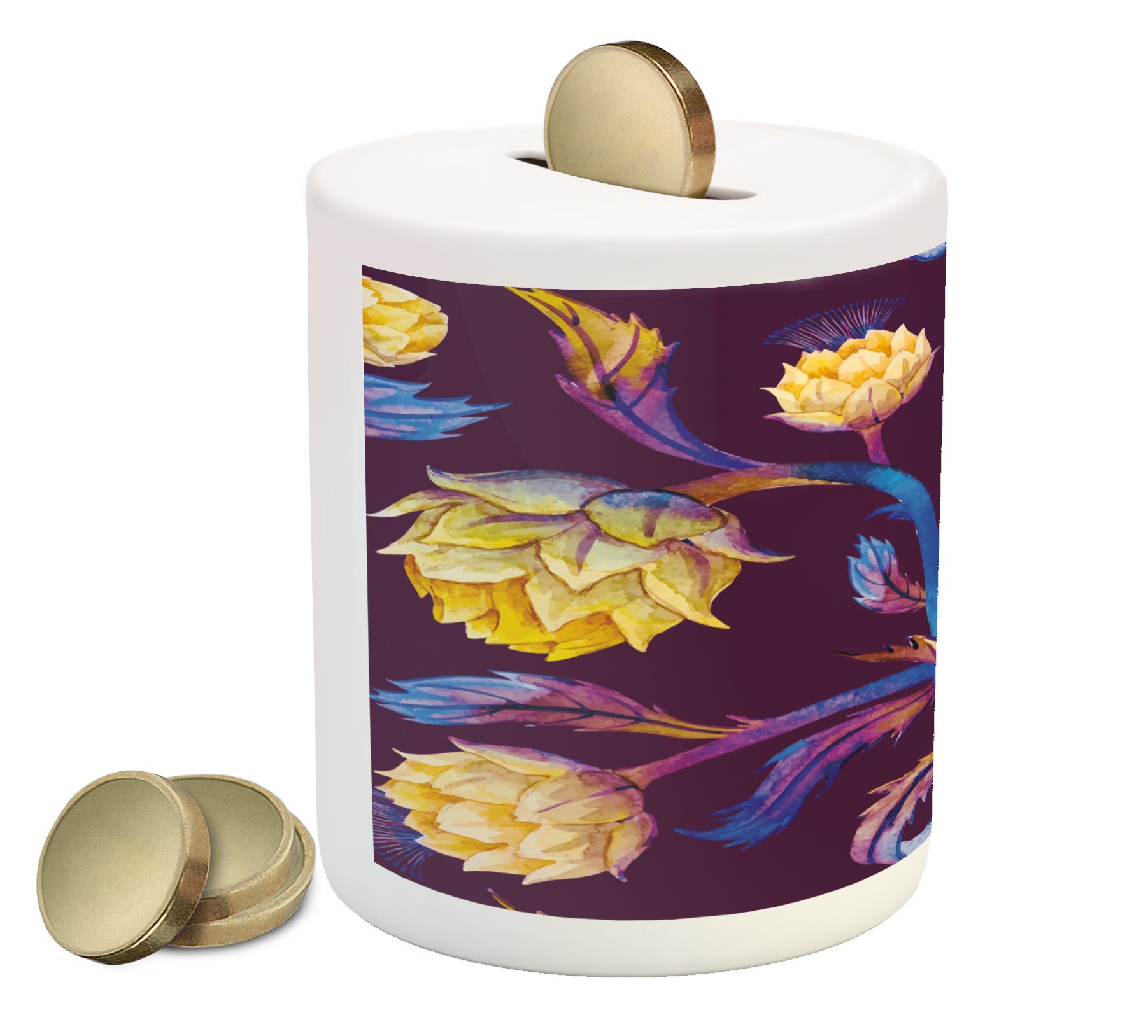 Ambesonne Artichoke Piggy Bank - Art Nouveau Style Ceramic Coin Bank with Vibrant Colors, Vegan Money Box for Cash Saving (Plum, Dark Blue & Yellow) - Perfect for Home Decor, Gift Giving & Teaching Kids Financial Responsibility