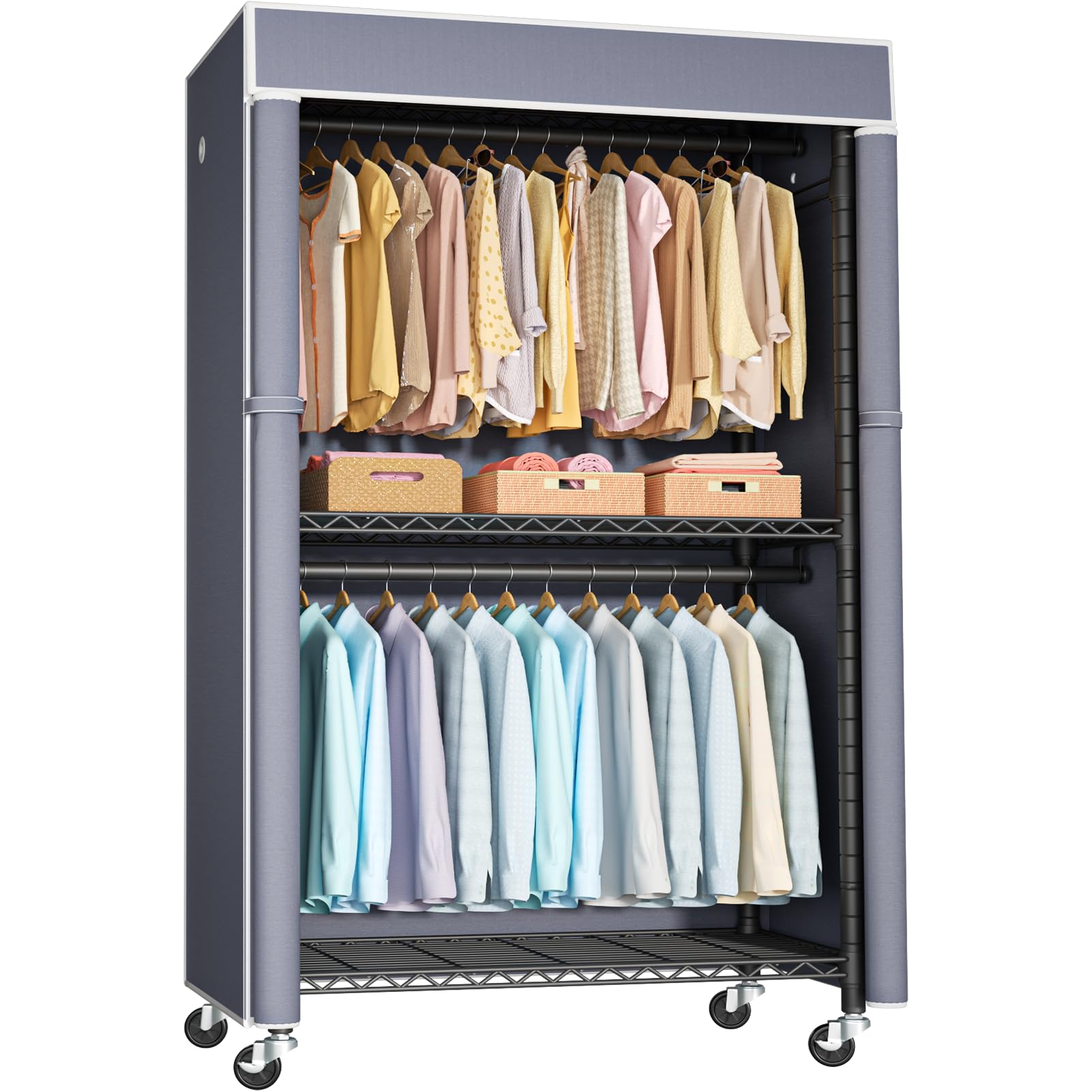 Black Heavy-Duty Rolling Clothing Rack with Grey Cover - 36.2