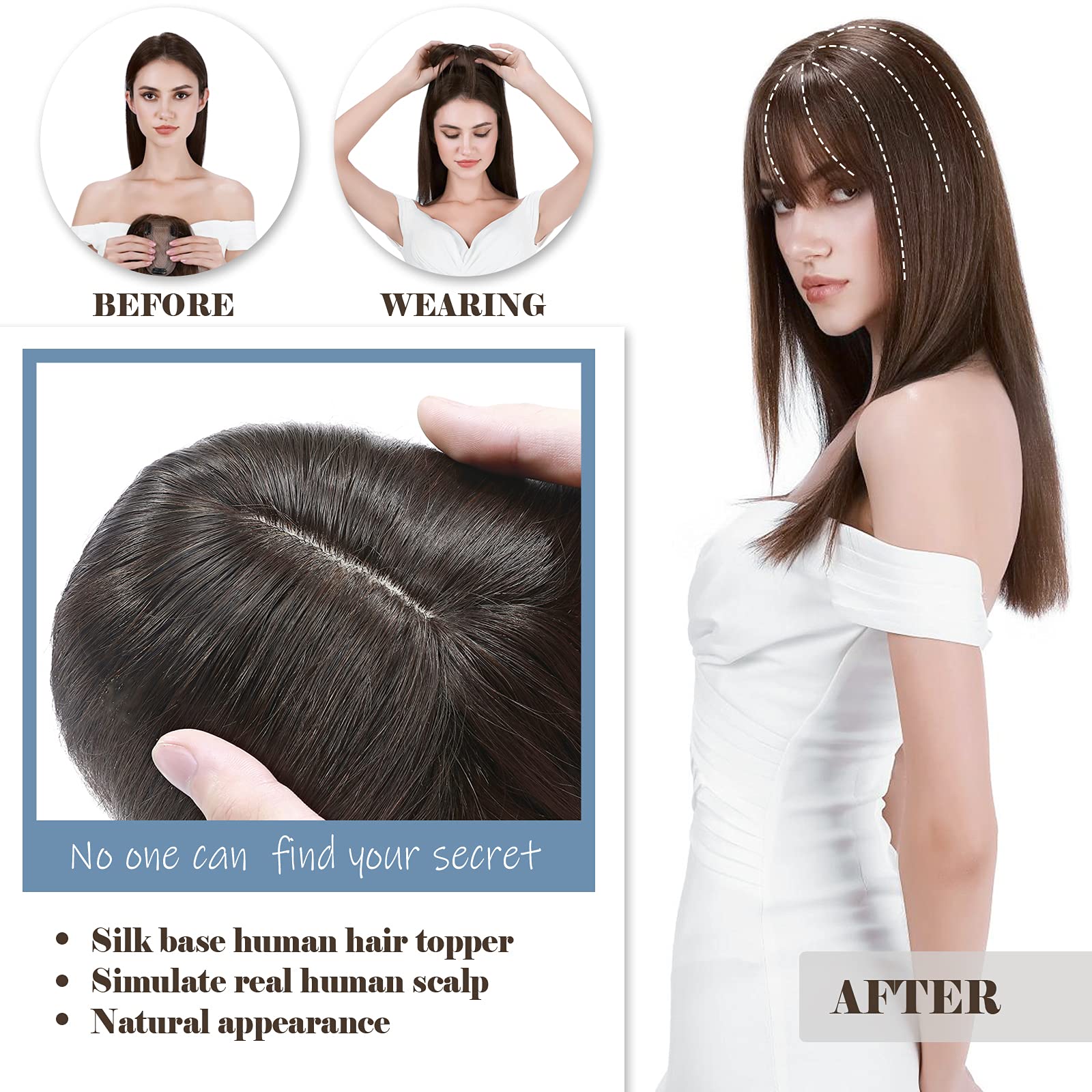 Human Hair Toppers with Bangs - 14 Inch Silk Base Clip-In Hairpiece for Women | Dark Brown (#2) | 44g | Natural Looking Toupee & Hair Extensions | Perfect for Thinning Hair, Hair Loss & Styling | Great for Daily Wear, Parties & Special Occasions