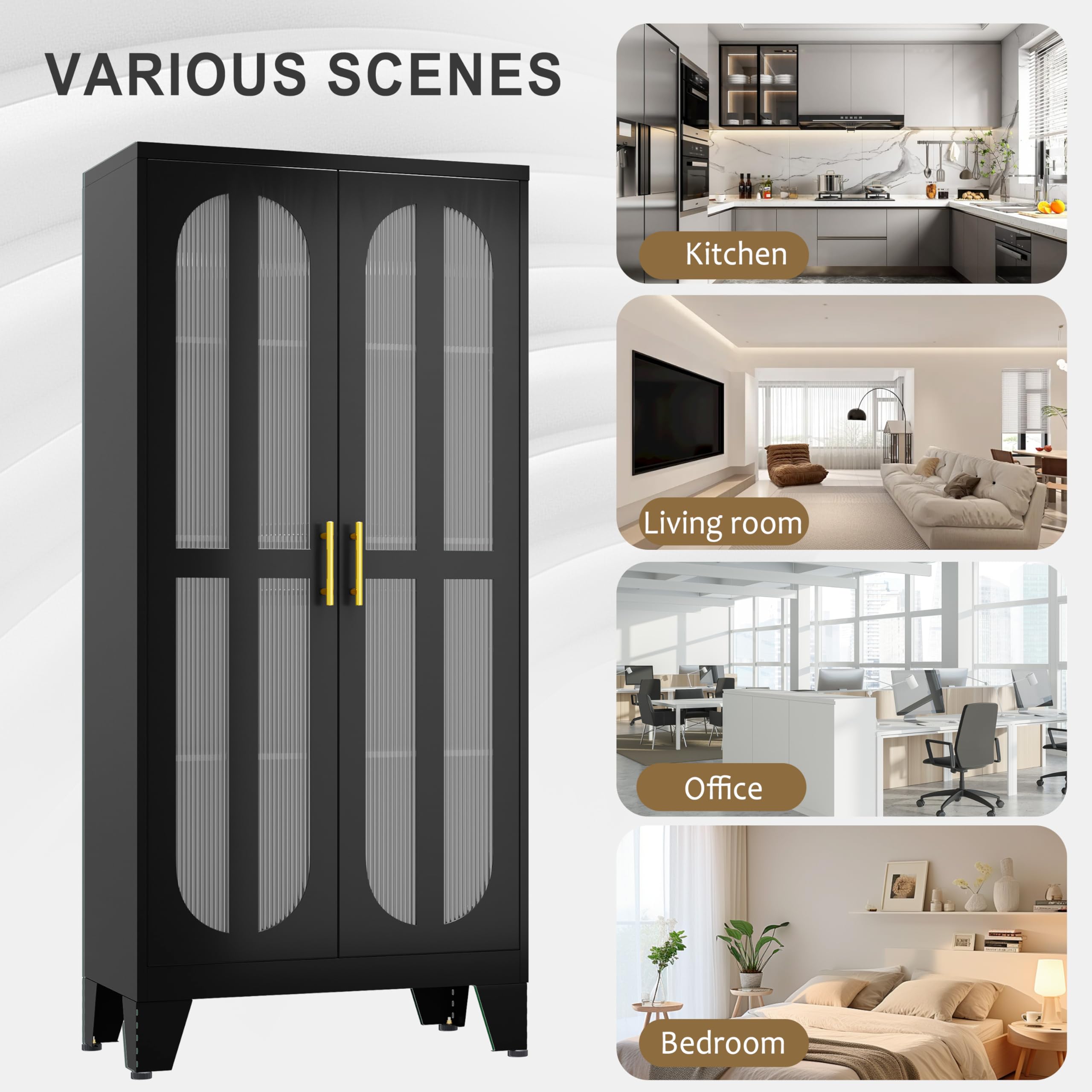 Metal Storage Cabinet with 2 Cross Door Panels & 3 Adjustable Shelves - Kitchen Pantry Organizer for Living Room, Office, Laundry, Dining Room or Outdoor Use - Black (Perfect for Home Organization & Space Saving)