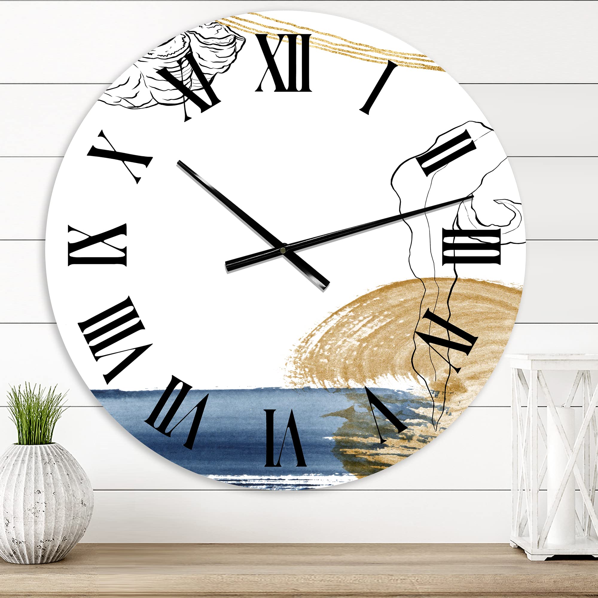 Farmhouse Wall Clock - Classic Blue Abstract Golden Marine Shell Design, Large Decorative Clock for Home, Office & Living Room | Perfect for Rustic, Coastal & Modern Decor