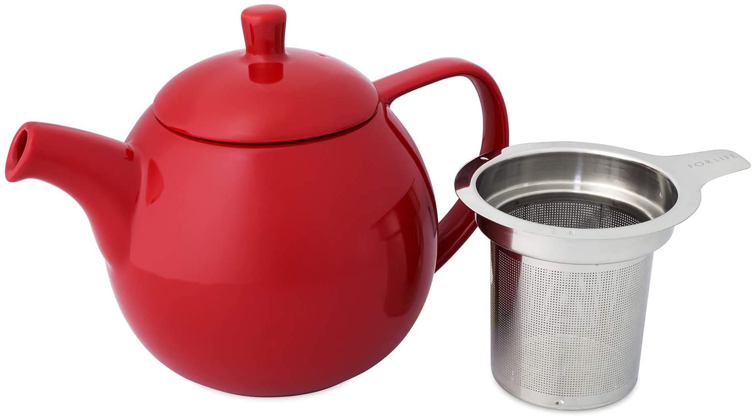 FORLIFE Curve Teapot with Removable Stainless Steel Infuser - 24oz/700ml Ceramic Teapot, Perfect for Loose Leaf Tea, Red - Ideal for Home, Office & Tea Parties