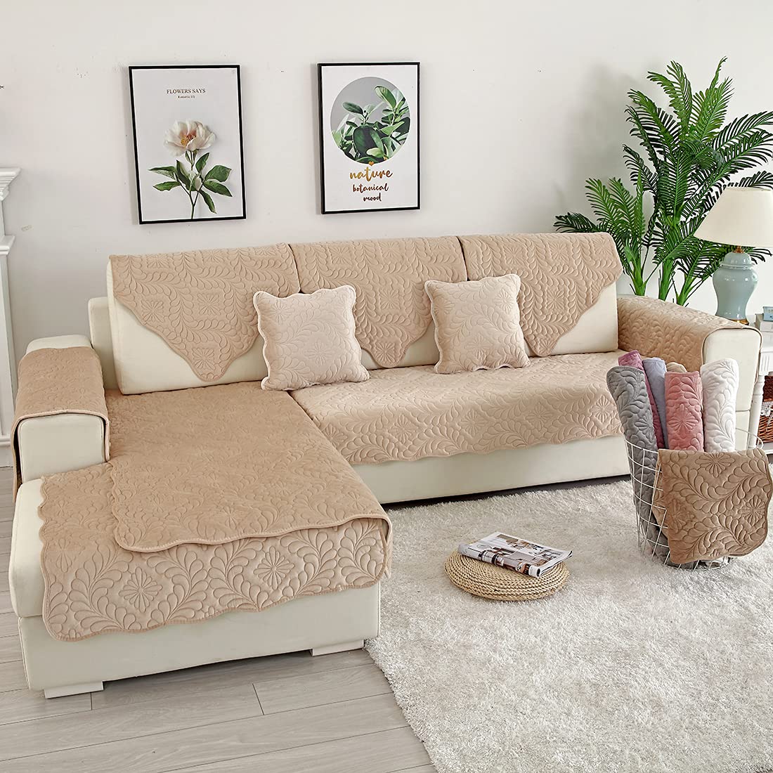 Velvet Quilted Sofa Cover - Soft Non-Slip Sectional Couch Slipcover for Pets, Fits L-Shaped & Recliner Couches (43