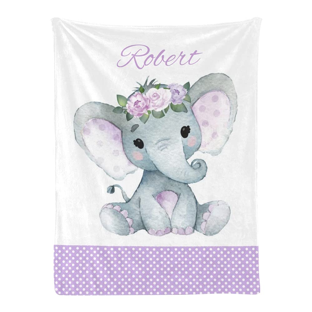 Personalized Purple Floral Elephant Baby Blanket - Custom Name Fleece Blanket for Boys & Girls - Super Soft 30x40 Inch Nursery Blanket - Perfect for Baby Showers, Birthdays & Nursery Decor