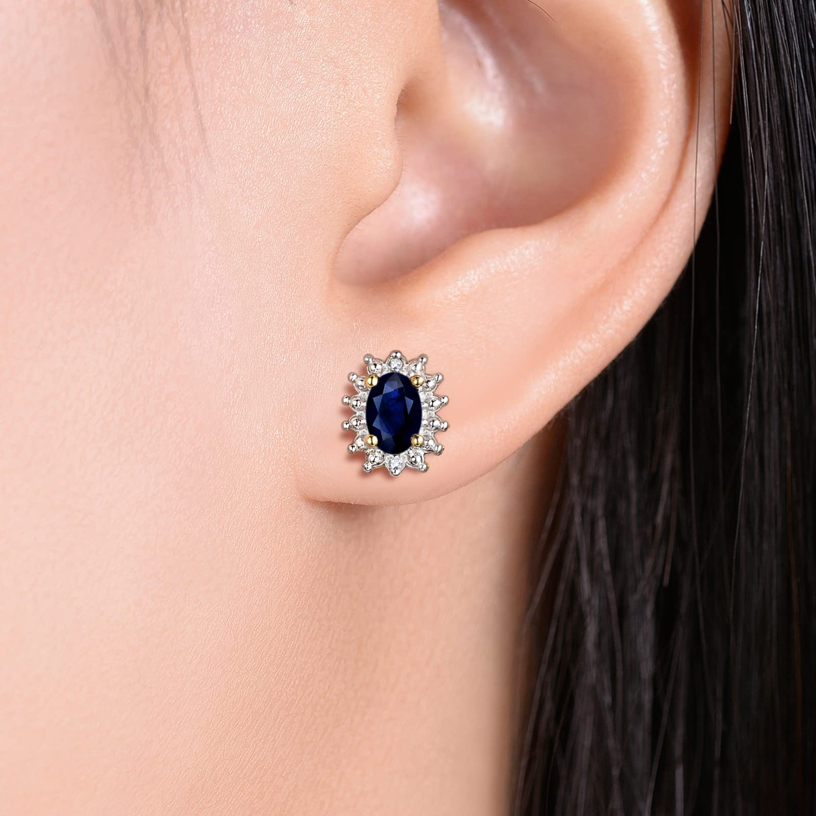 Rylos Women's Yellow Gold Plated Sterling Silver September Birthstone Jewelry Set - 6X4MM Sapphire Ring, Earrings & Pendant Necklace with Gemstones & Diamonds | Perfect Gift for Friends, Birthday & Special Occasions