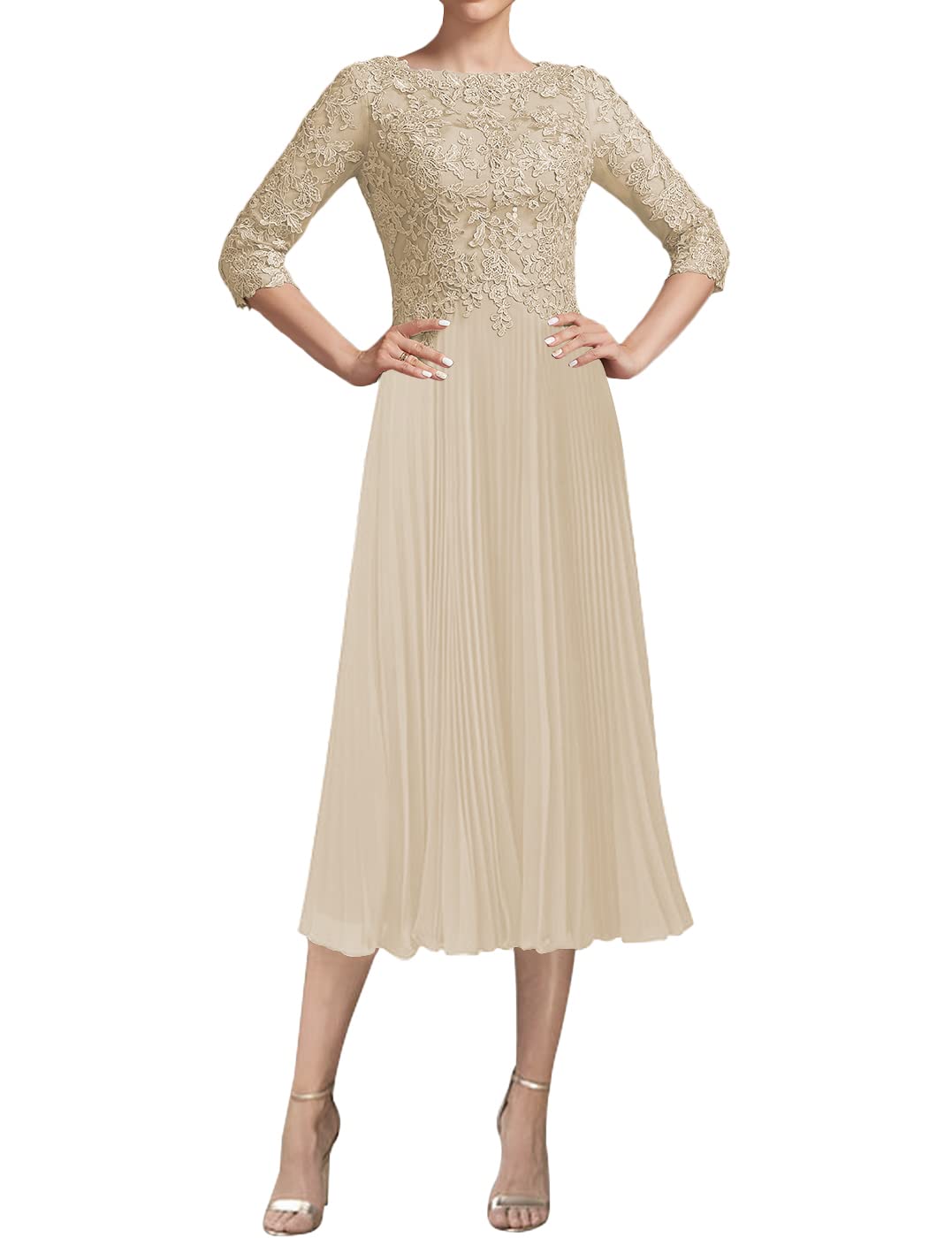 Elegant Tea-Length Lace Mother of The Bride Dress - Chiffon Wedding Guest Evening Gown for Women | Perfect for Weddings, Receptions & Formal Occasions