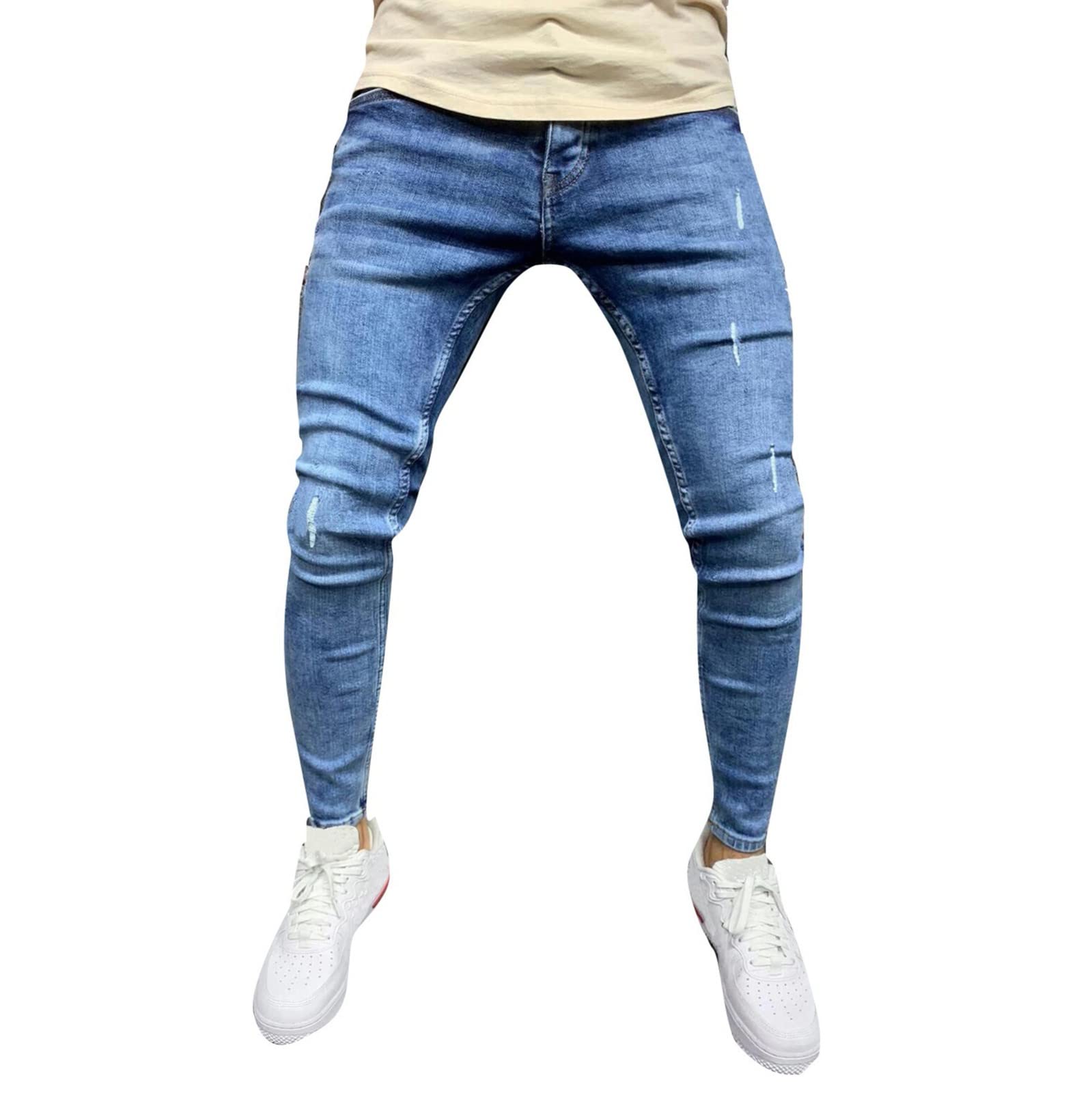 Men's Vintage Striped Denim Jeans - Regular Fit, Distressed Wash with Hip Zipper & Hole Details | Perfect for Casual Wear, Work & Everyday Outfits