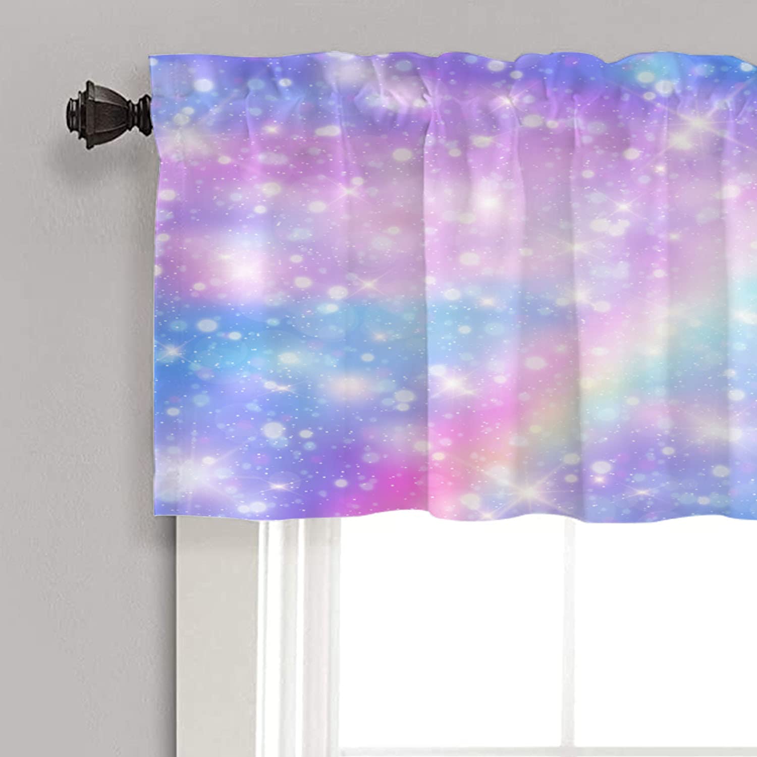Pastel Rainbow Unicorn & Glitter Stars Kitchen Valance - Galaxy Fantasy Window Curtain for Kitchen Decor, 52x18 Inch - Perfect for Kids' Room, Nursery, or Whimsical Kitchen Design
