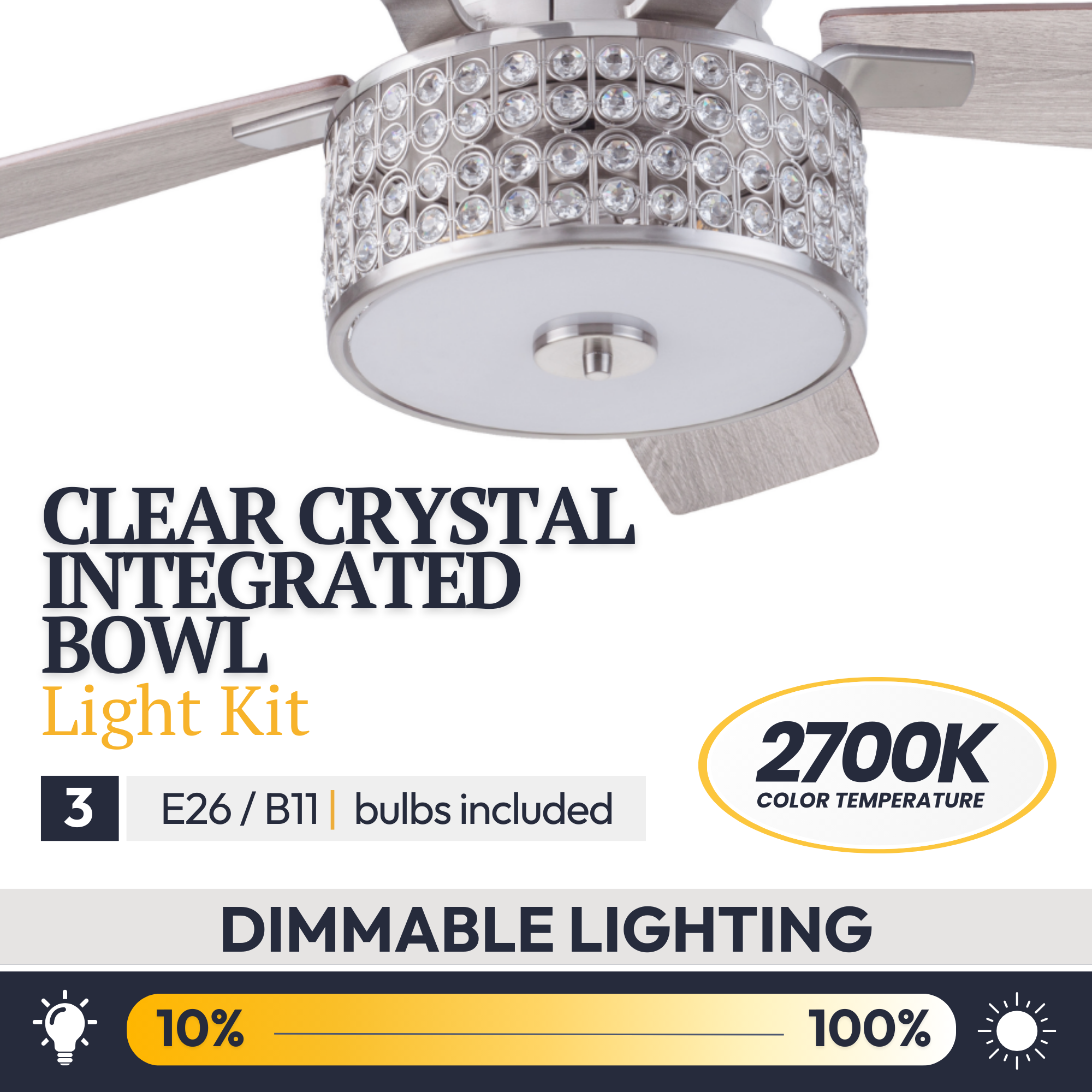 52 Inch Lanissa Crystal Glass Chandelier with Remote Control - Brushed Nickel Finish, Quick Attach™ Ceiling Fan Kit for Living Room, Dining Room & Bedroom Lighting