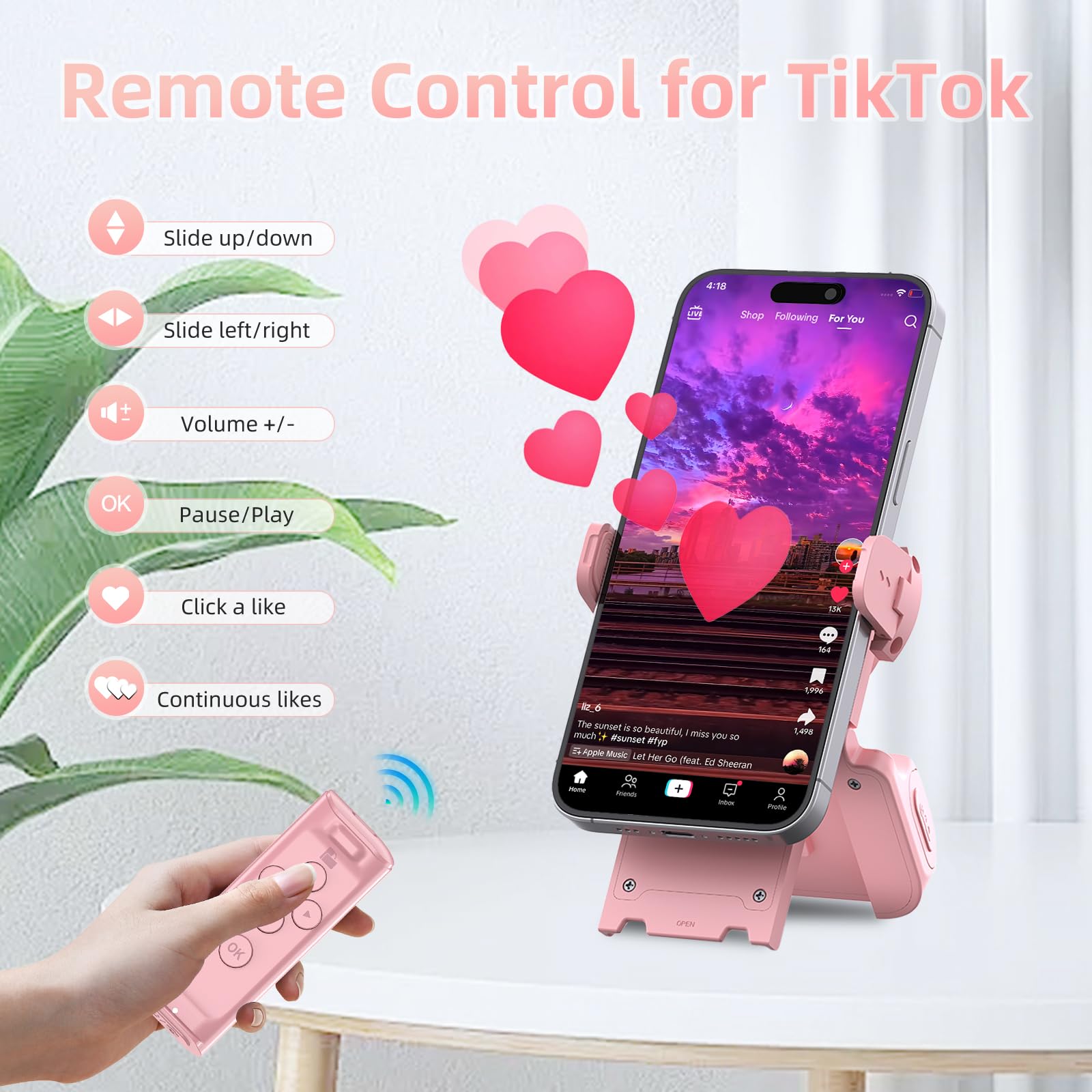 Bluetooth Page Turner Remote for Kindle, TikTok Scrolling, Camera Shutter - Compatible with iPhone, Android, iPad & Tablets - Includes Phone Stand (Pink) - Perfect for Reading eBooks, Live Streaming & Hands-Free Content Creation