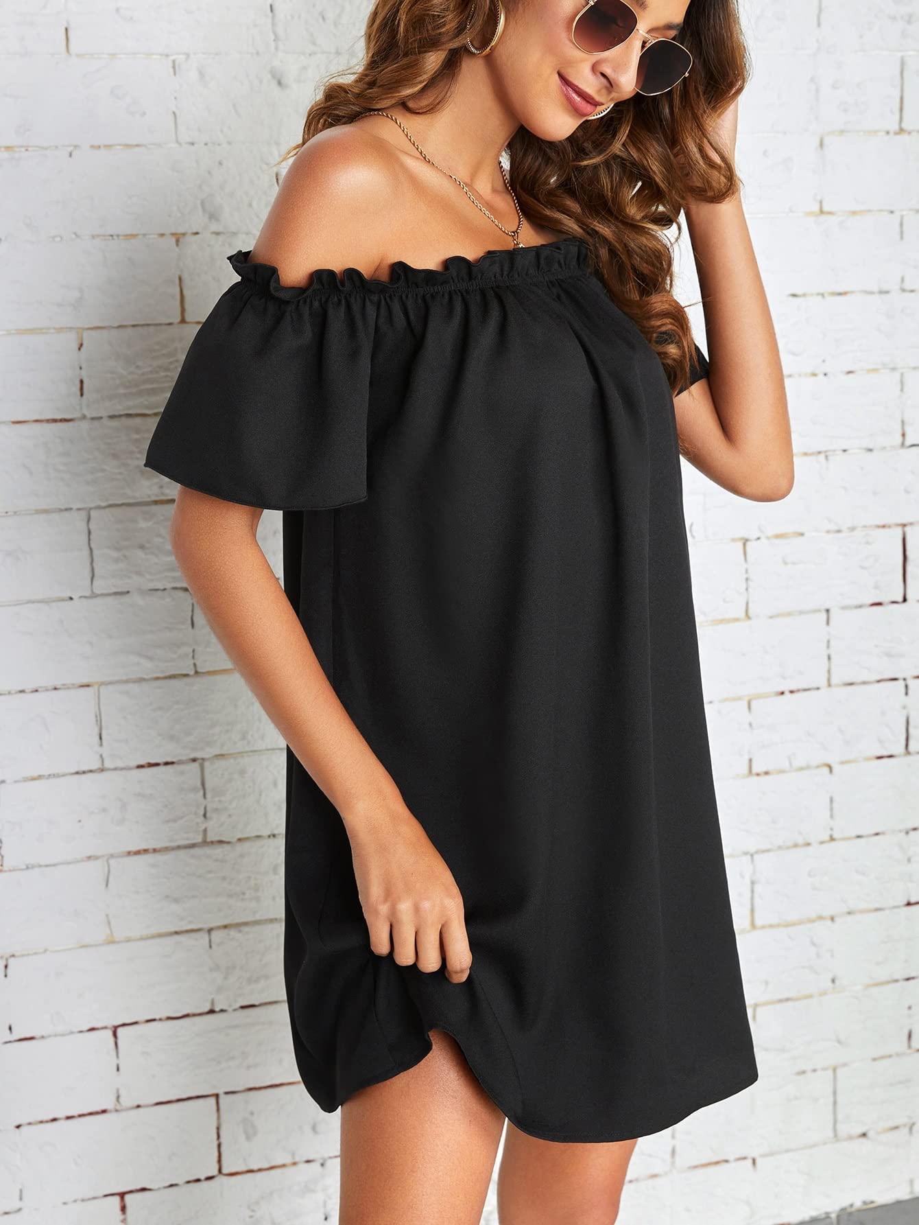 MQQYLBHDS Women's Off Shoulder Summer Dress with Frill Trim - Short Sleeve Beach Midi Dress for Vacation & Date Night (Black, XS) - Perfect for Beach Outings, Pool Parties & Summer Weddings