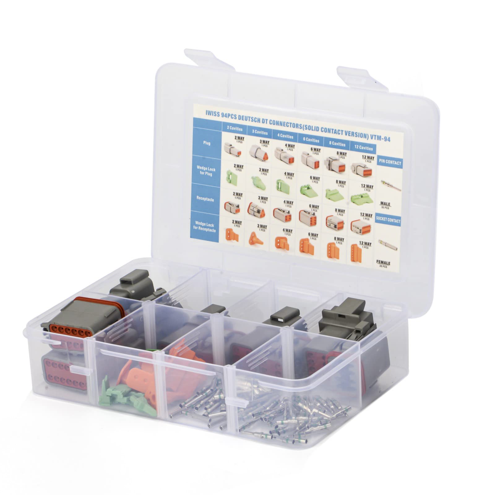IWISS Deutsch DT Connector Kit - 2, 3, 4, 6, 8, 12 Pin Configurations (94PCS) | Size 16 Solid Pins Waterproof Electrical Wire Connectors | Perfect for Automotive, Marine & Industrial Wiring Applications