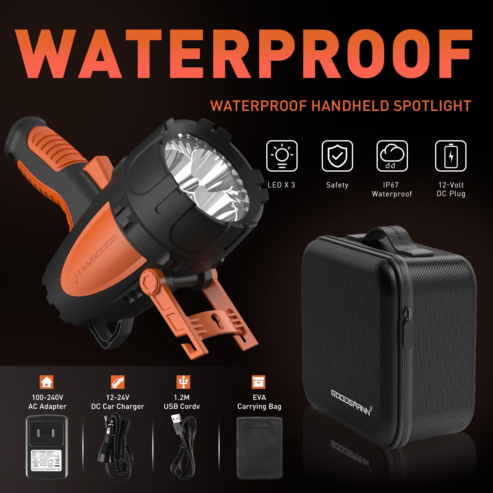 GOODSMANN 4500 Lumen Rechargeable LED Spotlight - IP67 Waterproof Handheld Searchlight with USB Charger & EVA Case for Marine, Hunting, Camping, Hiking, Emergency, Outdoor Adventures